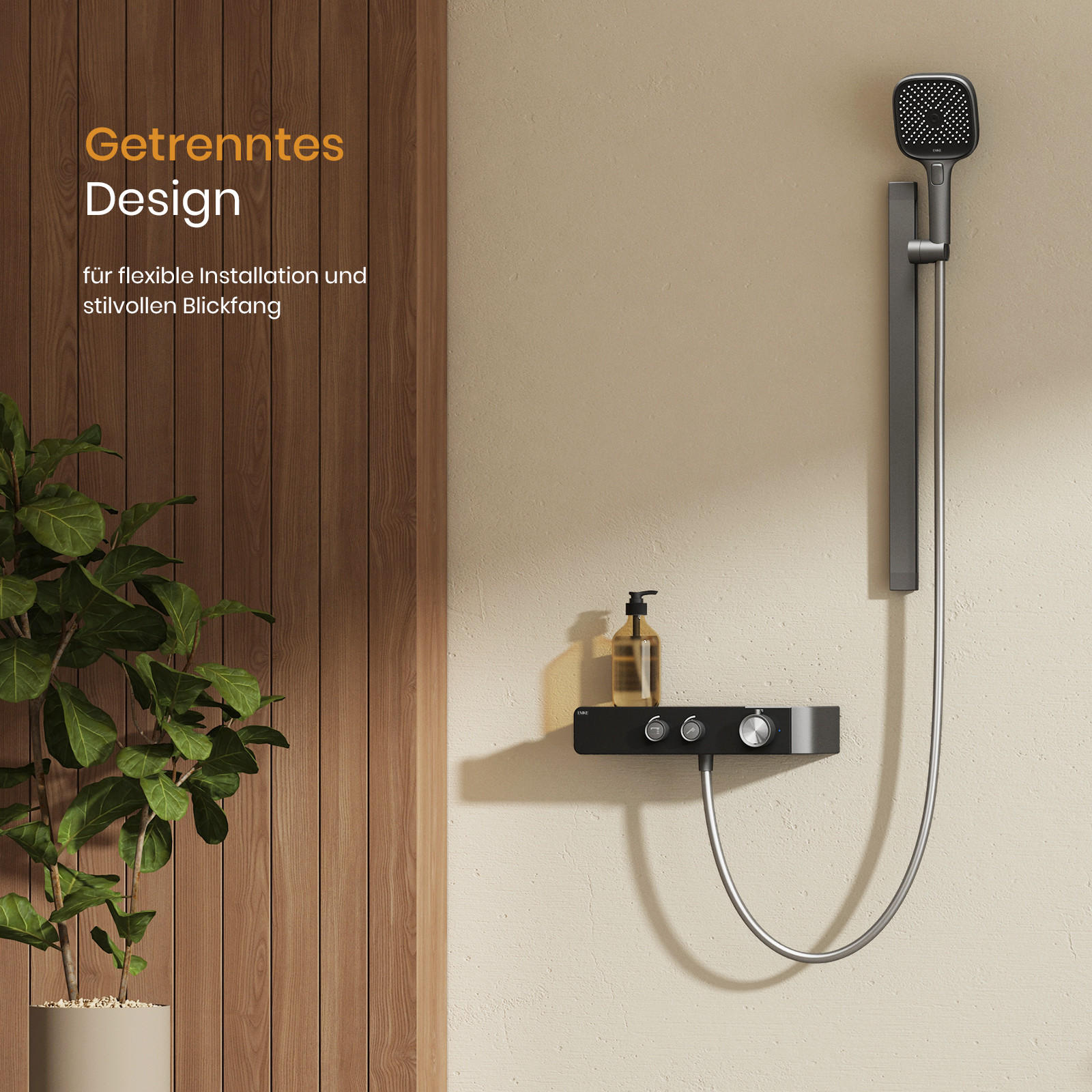 ÜBERKOPFBRAUSESET mit Thermostat Handbrause Brausestange Schlauch Duschgarnitur Anthrazit Matt - Anthrazit, Metall (35.5/115/15cm) - EMKE