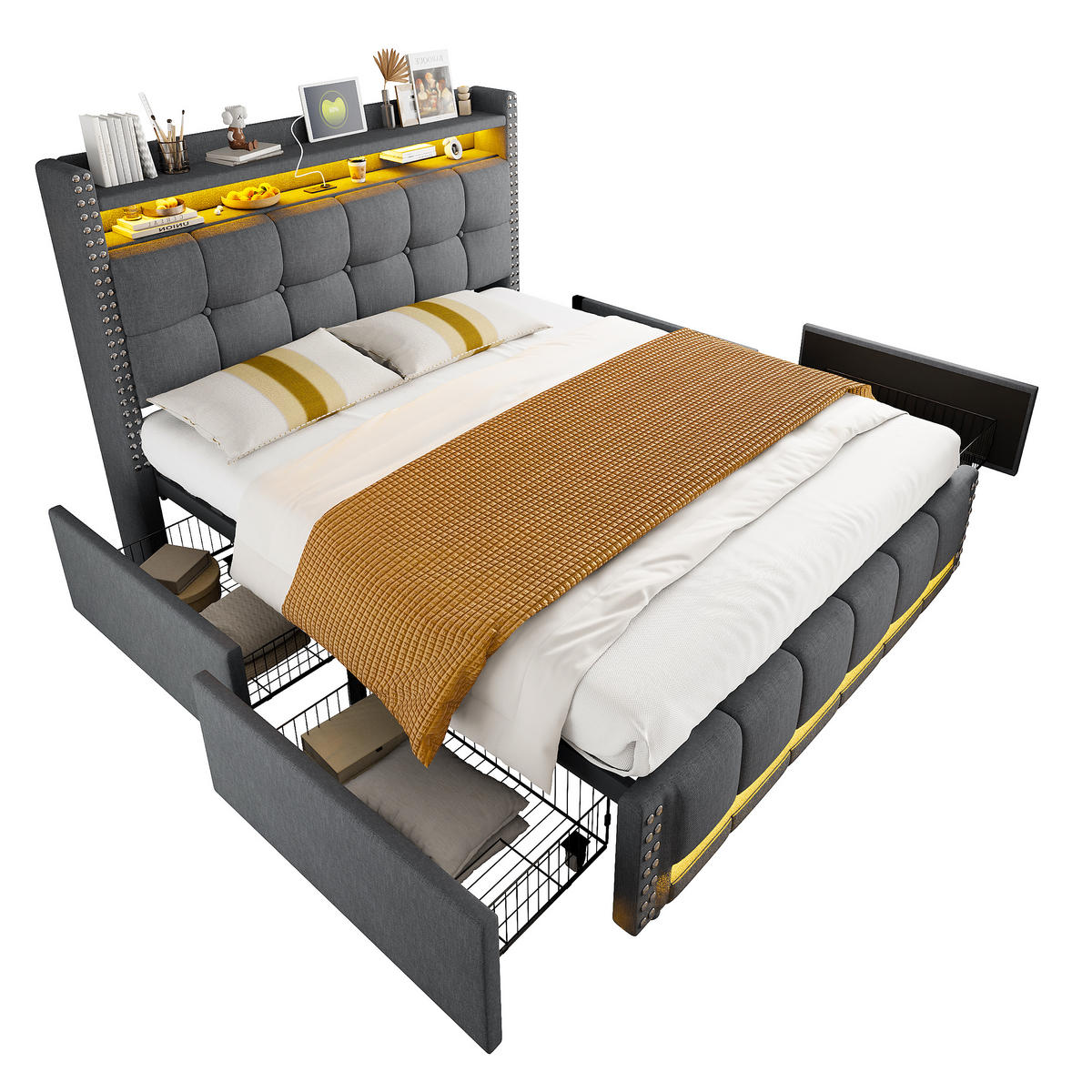 POLSTERBETT 140/200 cm grau mit LED-Beleuchtung und USB-Steckdose - Grau, Textil (140/200cm) - OKWISH