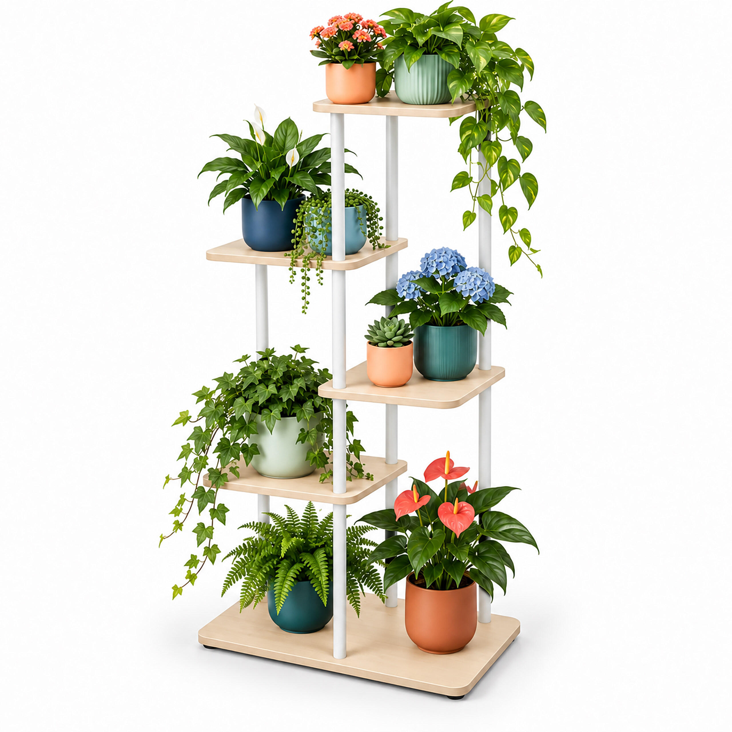 PFLANZENREGAL Natur-Weiß Industrial 5 Ablagen - Multicolor, Holzwerkstoff/Metall (58/107/58cm) - Relaxdays