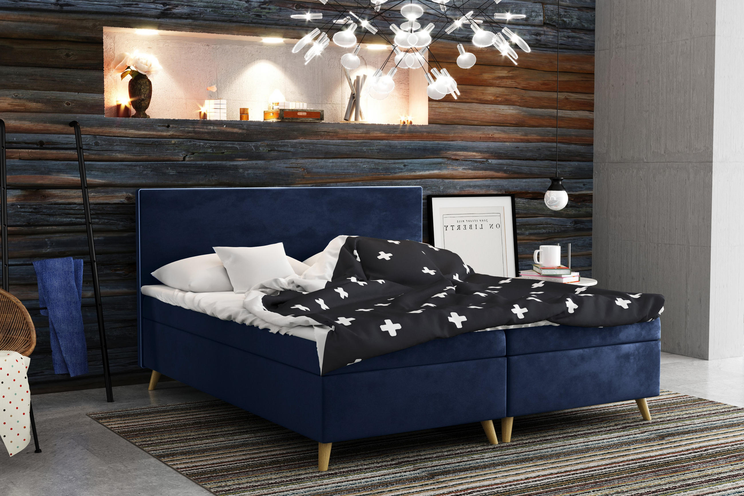 BOXBETT Mit Bettkasten Matratze + Topper BELLA Stoff Riviera Blau 200x200 cm H2-Pocket - Blau, Holz (200/200cm) - Kaiser Möbel