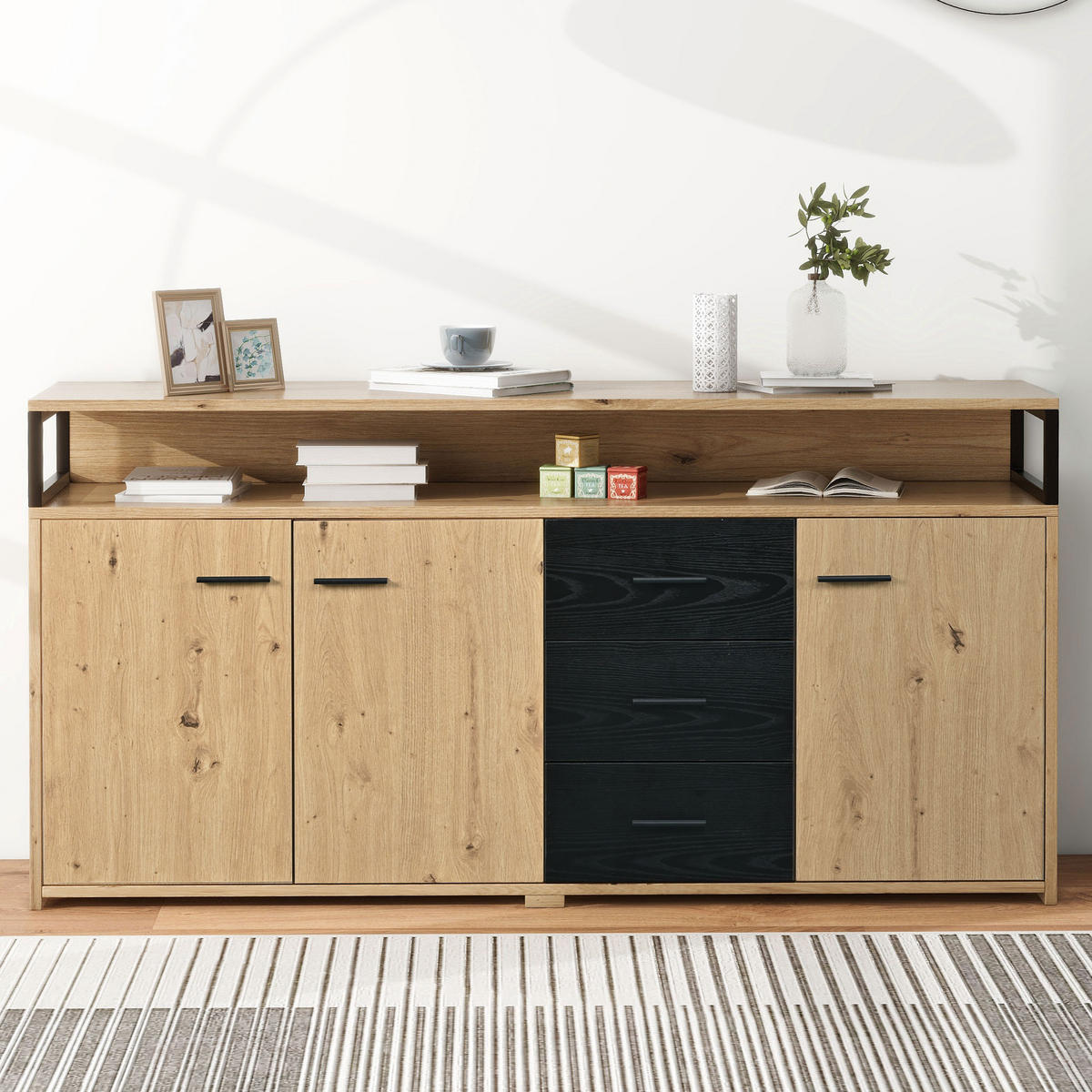 SIDEBOARD mit 3 Türen und 3 Schubladen, verstellbare Einlegeböden, 150/35/75,9 cm, Schwarz/Holzoptik - Naturfarben, Holzwerkstoff (150/75.9/35cm) - Redom