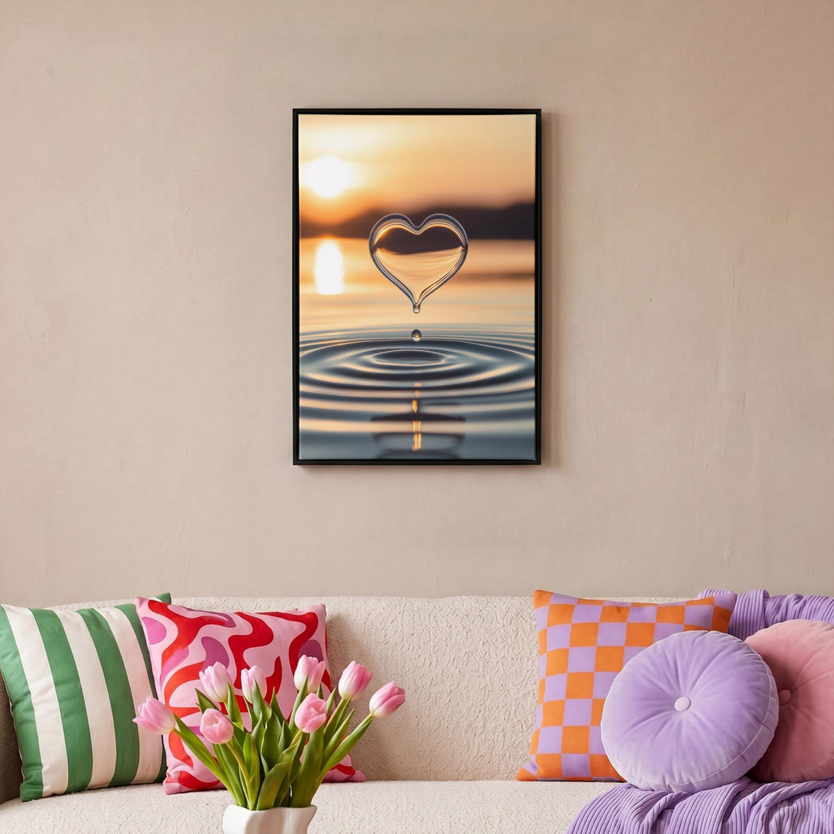 LEINWAND Bilder mit Rahmen - Herz - Wasser - Sonnenuntergang - Natur - Zen - 40x60 - Bernsteinfarben, Textil (40/60cm) - MuchoWow