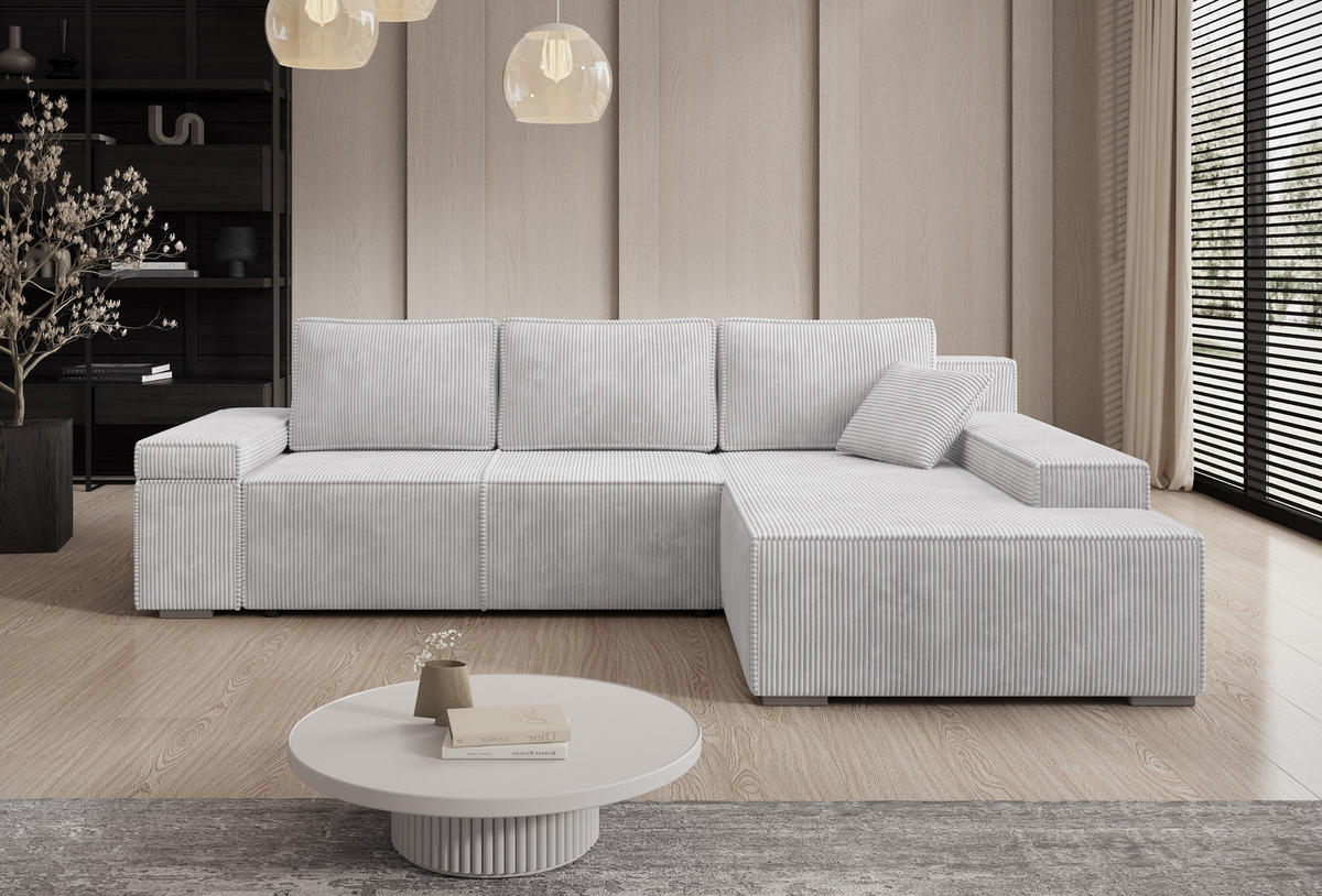 ECKSOFA Milo mit Schlaffunktion und Bettkasten, Couch L-Form, Cord-Stoff, 273x85x185 cm, Grau - Grau, Holz (273/185cm) - PROMETO Möbel