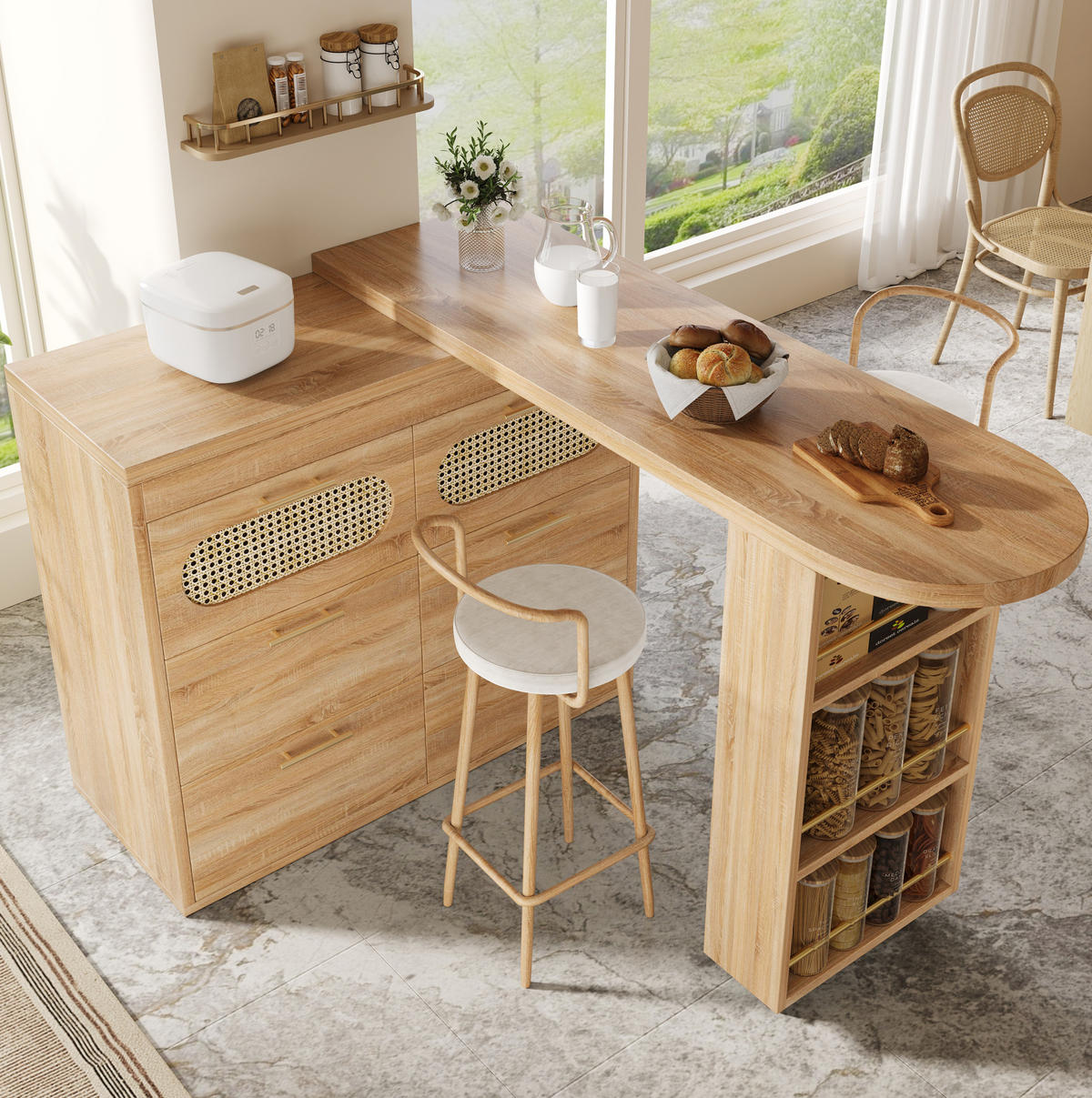 BARTISCH drehbar 128-203 cm Natural MDF/Metall mit 6 Schubladen - Braun, Metall (203/39/90cm) - Meubliv