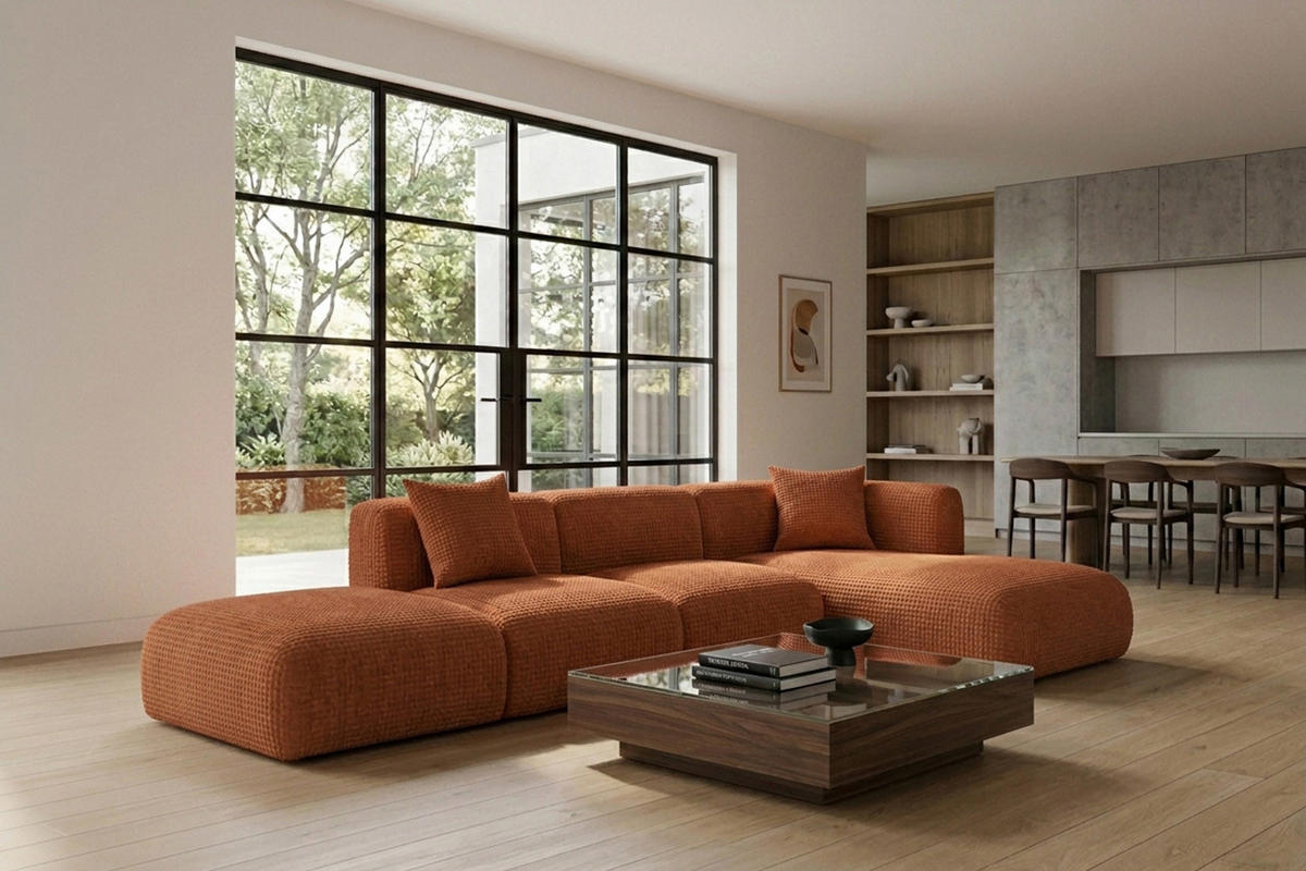 ECKSOFA L-Form mit Hocker, Chenille-Stoff Cremona, Kupfer, Rechts, GRETA - Kupferfarben, Holz (386/179cm) - Kaiser Möbel
