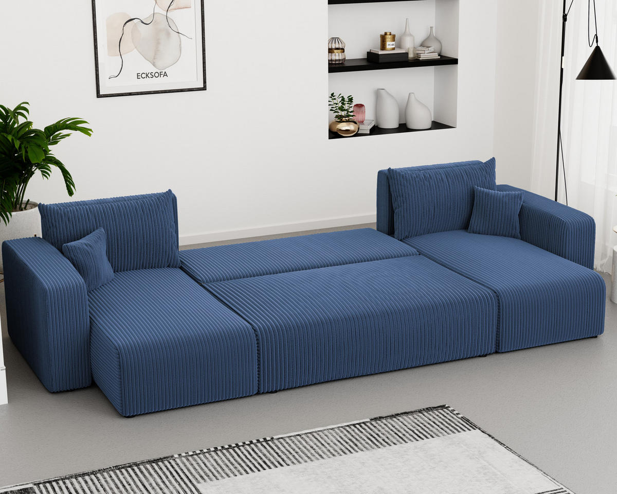 WOHNLANDSCHAFT mit Schlaffunktion und Bettkasten, Blau - Blau/Schwarz, Kunststoff/Textil (318/79/145cm) - Idohome