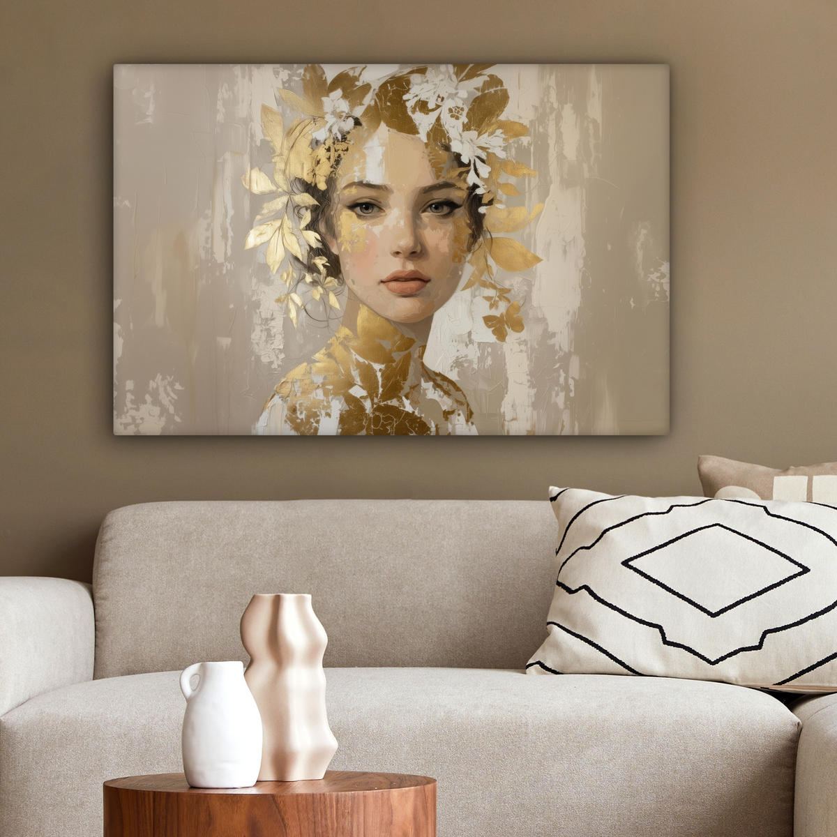 LEINWANDBILD Gesicht - Frau - Blätter - Gold Wanddeko 90x60 cm - Beige, Textil (90/60cm) - MuchoWow