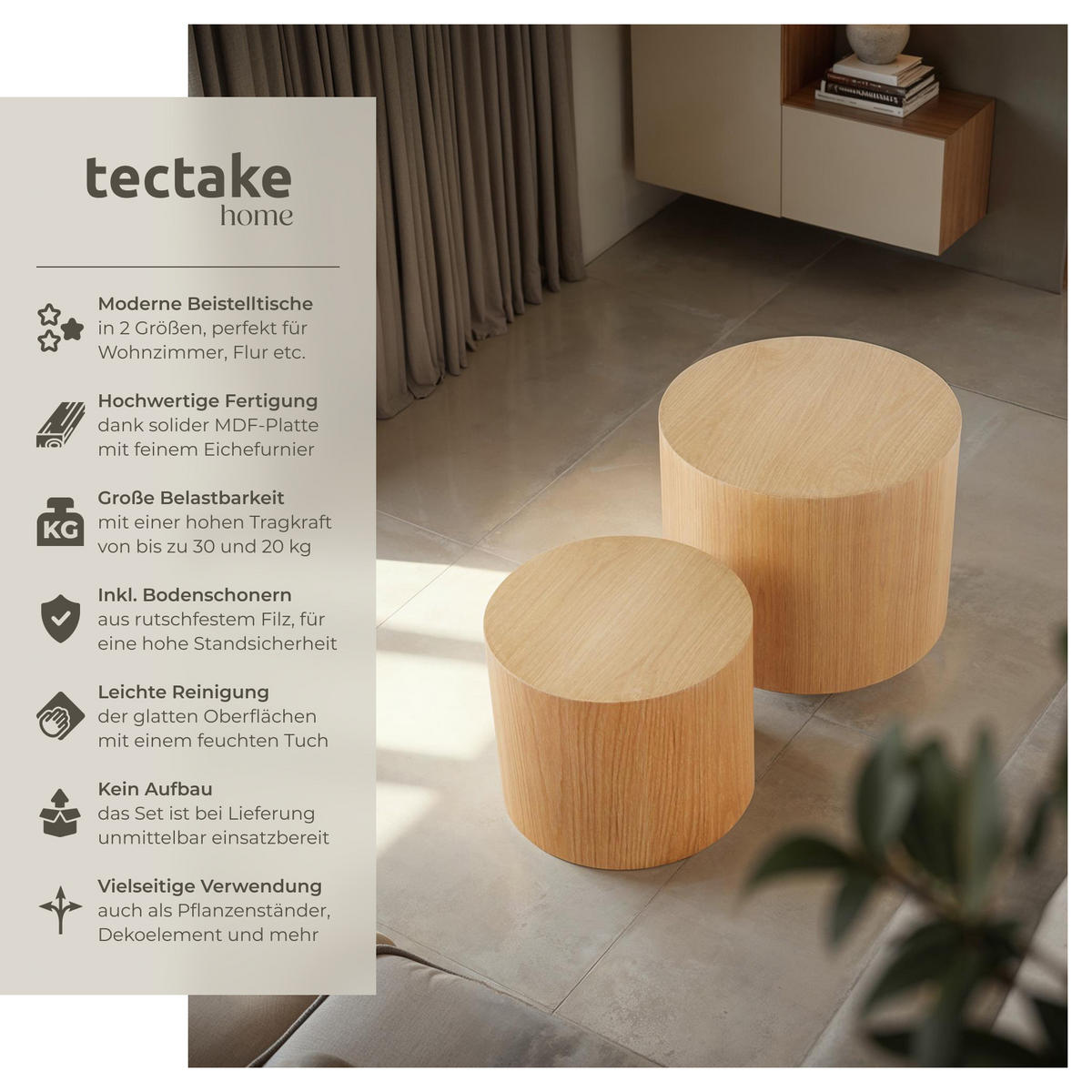COUCHTISCHE 2er Set Danny,rutschfeste Bodenschoner,Eiche hell - Eichefarben, Holz (48/48/38cm) - tectake