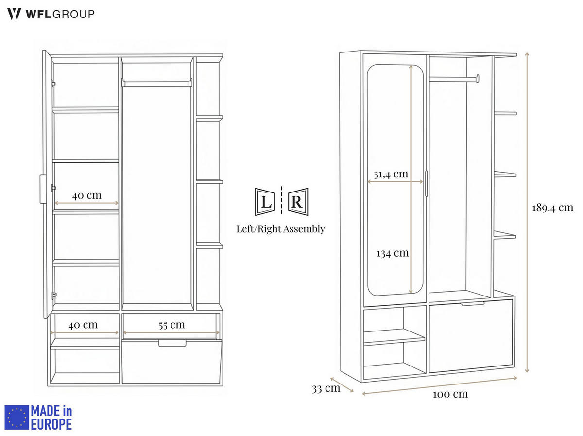 GARDEROBE Mela mit Spiegel, Sitzbank & Kleiderstange – 100/189/33 cm – Grau - Schwarz/Grau, Holzwerkstoff/Metall (100/189.4/33cm) - WFL GROUP