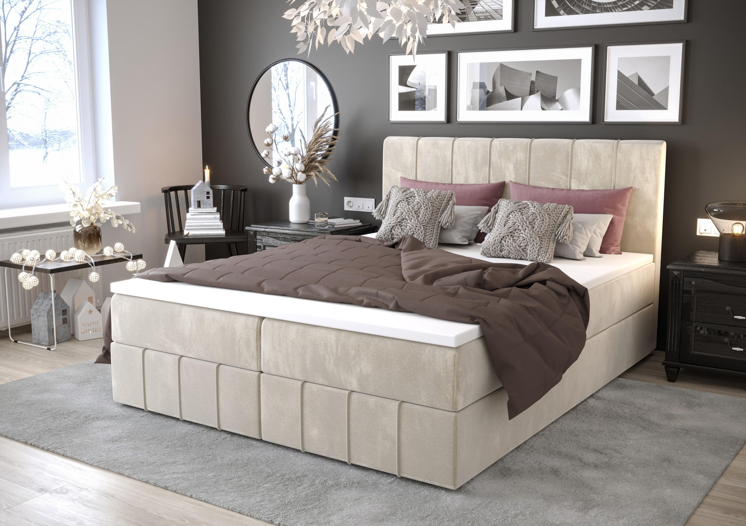 BOXBETT BAHAMA 160x200, mit Matratze H3 und Topper, Monolith 02 - Creme, Holz/Kunststoff (160/200cm) - Bedante