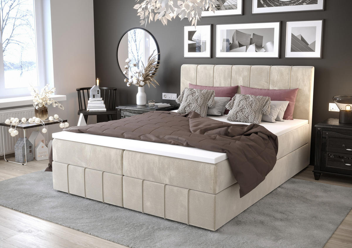 BOXBETT BAHAMA 160x200, mit Matratze H3 und Topper, Monolith 02 - Creme, Holz/Kunststoff (160/200cm) - Bedante