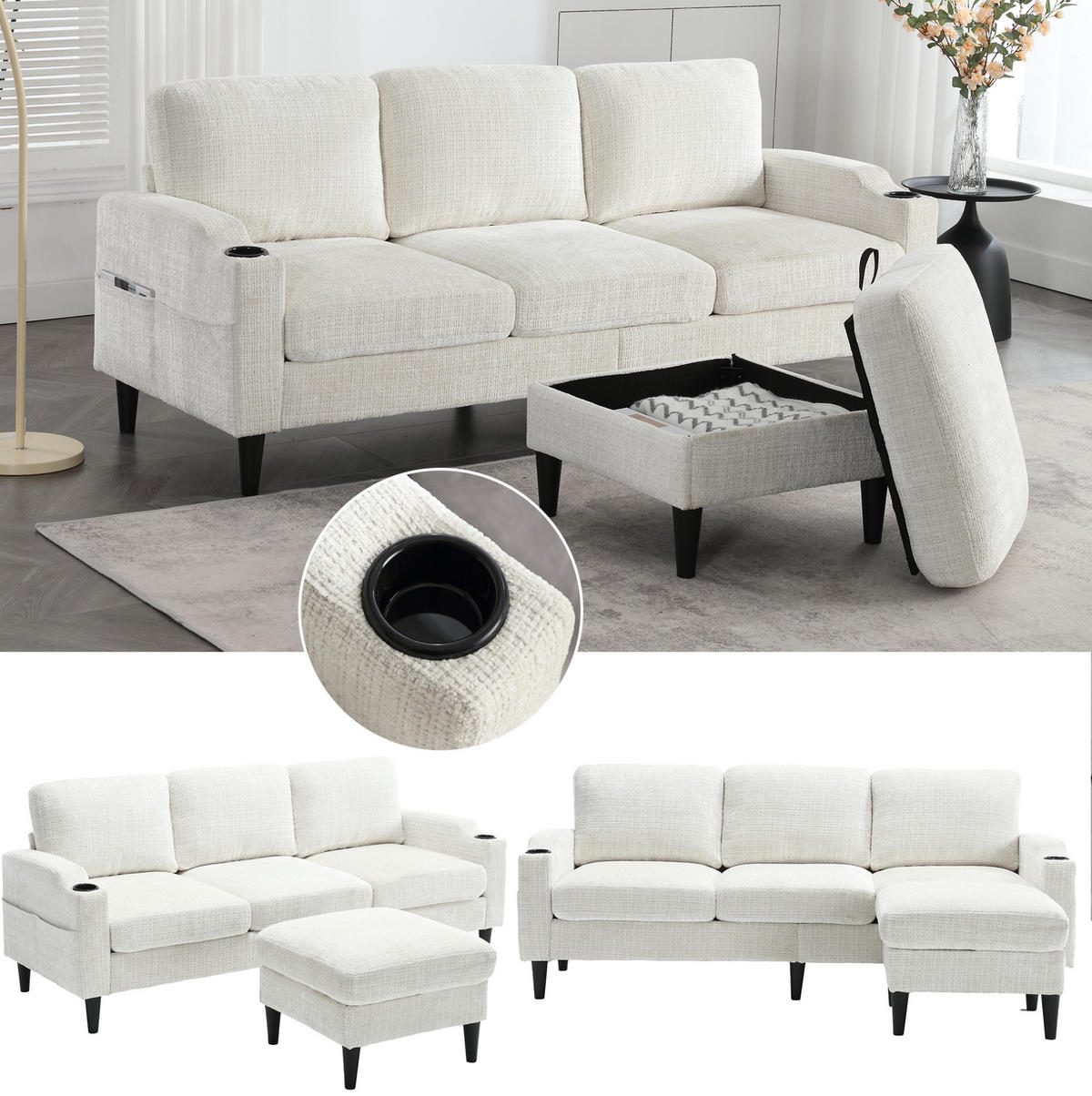 SOFA 4-Sitzer mit Hocker und Stauraum 196,5 x 75 x 77 cm Beige - Beige, Kunststoff (196.5/77/75cm) - Meubliv