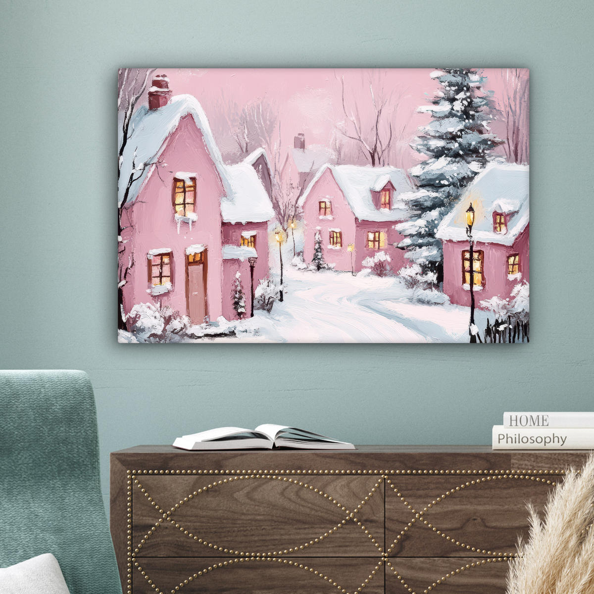 LEINWANDBILD Weihnachtsdorf - Rosa - Winter - Schnee - Häuser Gemälde 60x40 cm - Altrosa, Textil (60/40cm) - MuchoWow