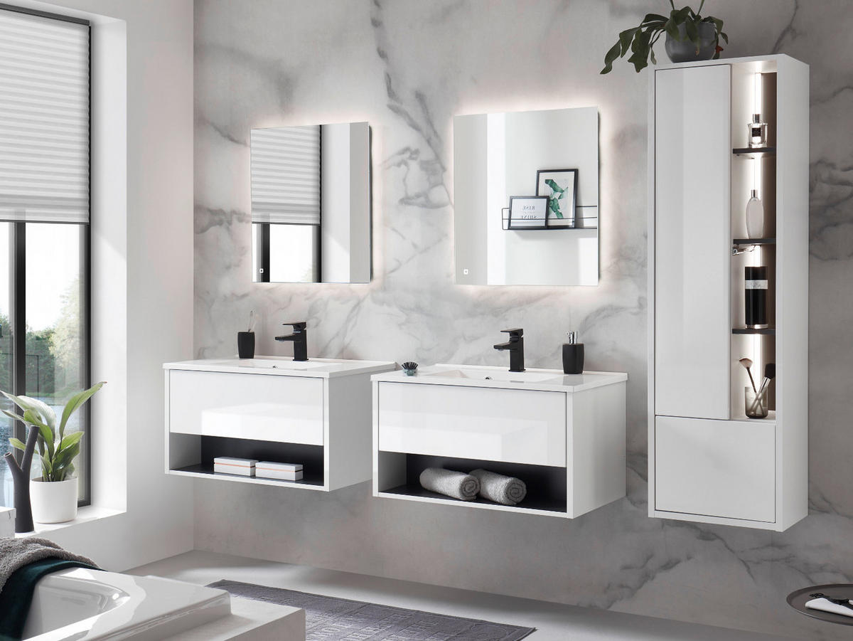 BADMÖBEL-SET weiß Hochglanz, grau 7-teilig, Komplettset mit Waschbecken und LED Beleuchtung - Weiß Hochglanz/Grau, Glas/Holzwerkstoff (225/190/47cm) - Furn.Design