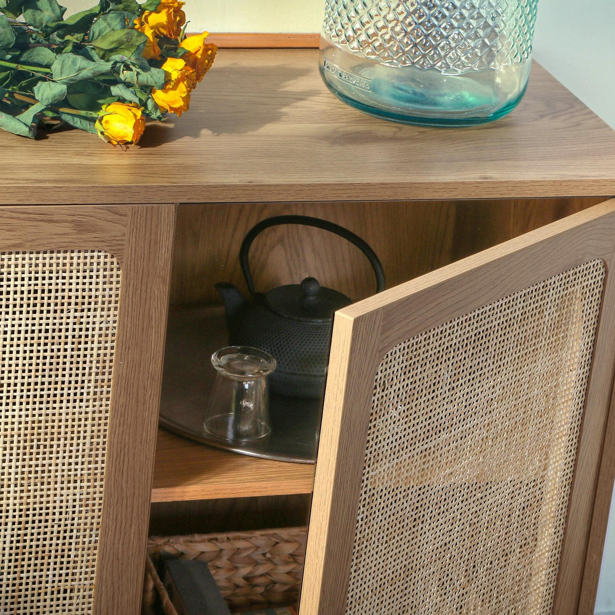 SIDEBOARD mit 3 Türen aus Rattan - L120 cm - Apfelbaumfarben, Holzwerkstoff (40/72/120cm) - Calicosy