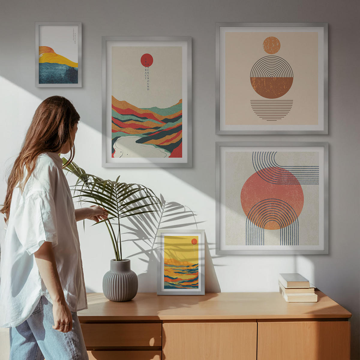 WANDBILDER 5er Set - 50x50 cm & 20x30 cm & 40x60 cm Silberner Rahmen - Abstrakte Berglandschaften - Silberfarben, Kunststoff (40/60cm) - ArtPrintCave
