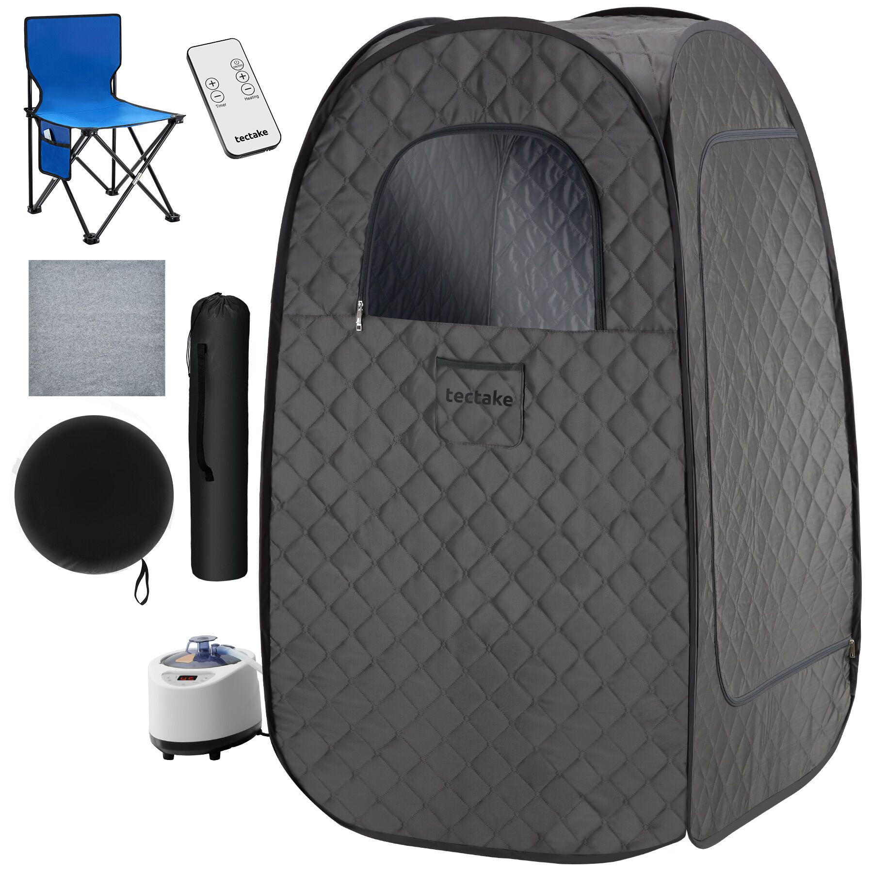 MOBILE DAMPFSAUNA Thermaluxe I, inkl. Fernbedienung, Matte, Klappstuhl und Tragetaschen, dunkelgrau/schwarz - Dunkelgrau/Schwarz, Kunststoff (84/145/84cm) - tectake