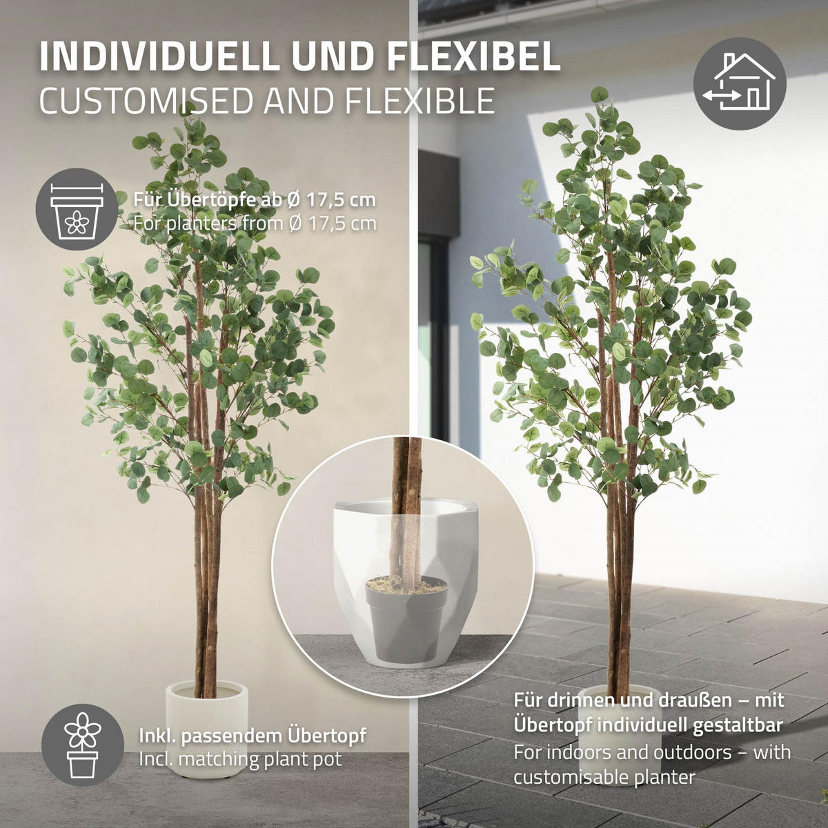 KUNSTPFLANZE Eukalyptus - Anthrazit/Grün, Holz/Kunststoff (210cm) - ML-DESIGN