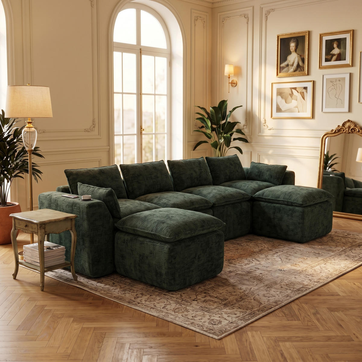 4-SITZER-SOFA aus Chenille, modular mit 2 Fußhockern und Getränkehaltern - Grün, Textil (322/75/161cm) - Urban Meuble