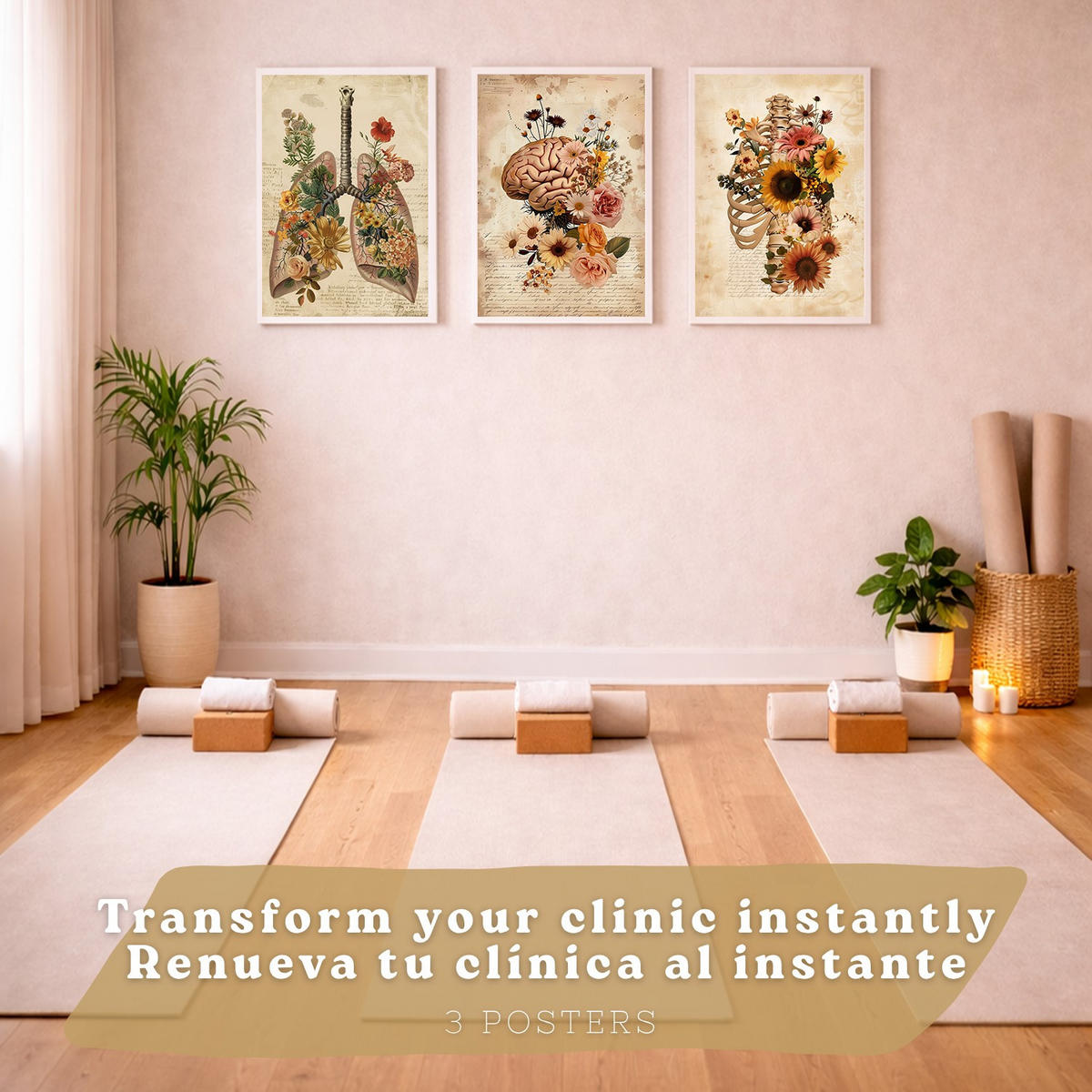 POSTER Set aus 3 Anatomie Mensch Vintage Florale Drucke und Wandbilder mit Lungen Brustkorb und Gehirn Botanischer Antiker Stil Größe Weißer Rahmen A3 - Weiß, Papier (29.7/42/3cm) - Nacnic