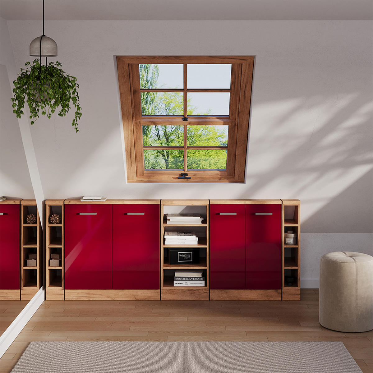 DACHSCHRÄGENSCHRANK-SET Rion Rot Hochglanz/Goldkraft Eiche 5er Set - Honigeiche/Rot, Holzwerkstoff (215/81.6/46cm) - Vicco