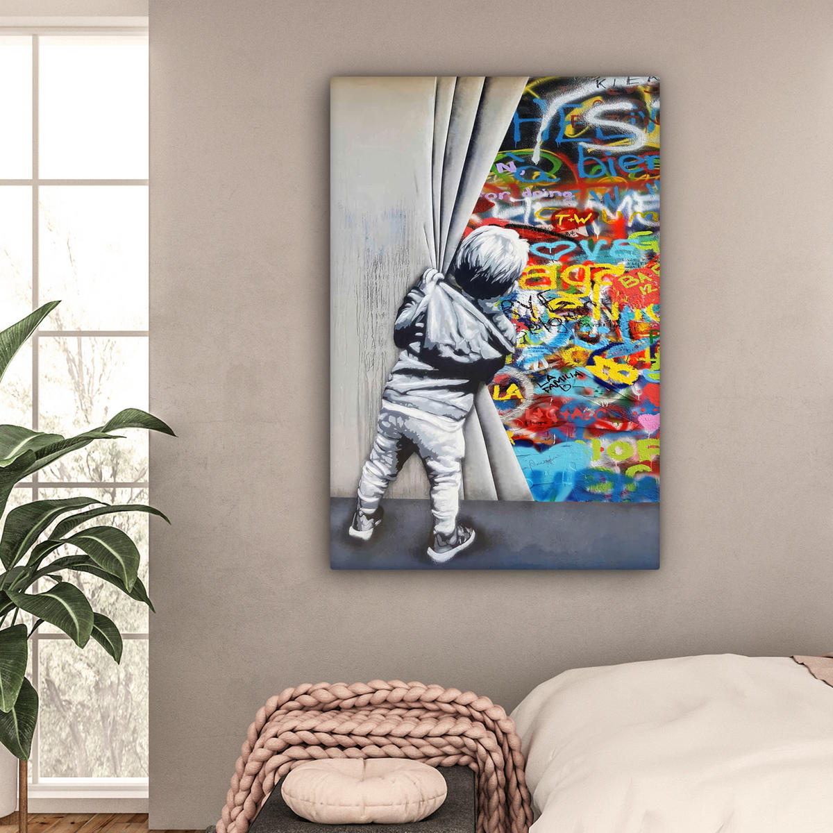 LEINWANDBILD Graffiti - Junge - Ilussie - Straßenkunst Deko XXL 80x120 cm - Hellgrau, Textil (80/120cm) - MuchoWow