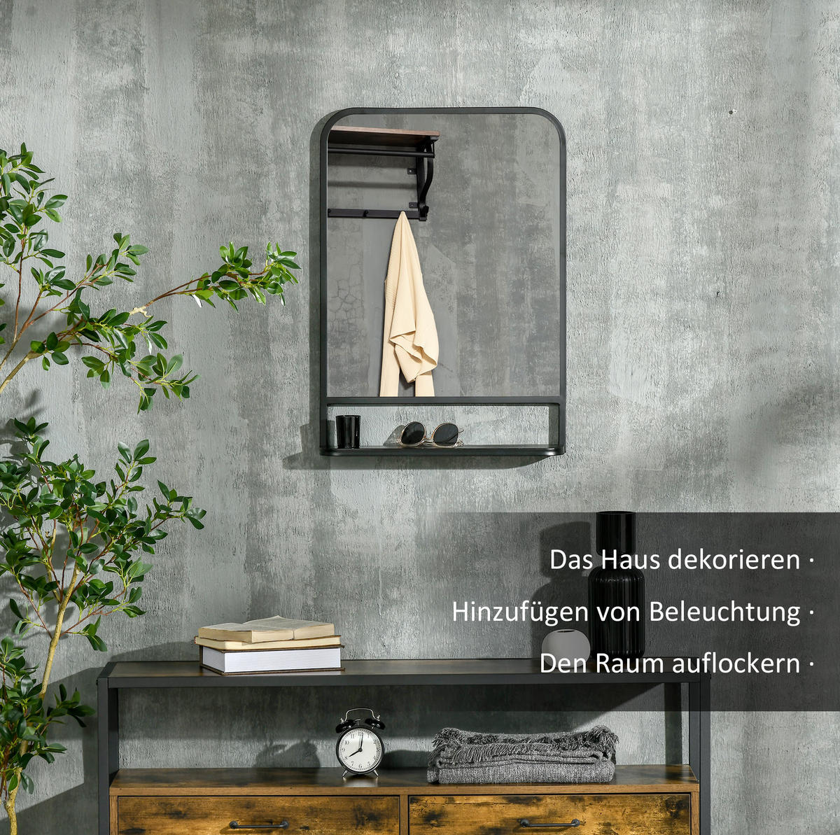WANDSPIEGEL 70/10,2/50 cm schwarz aus Eisen mit Ablage - Schwarz, Metall (10.2/50/70cm) - OKWISH