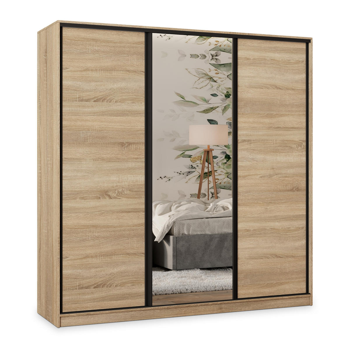 SCHWEBETÜRENSCHRANK TARI 180/205/58 cm 3-türig mit Spiegel und Schubladen Sonoma Eiche - Schwarz/Sonoma Eiche, Holzwerkstoff (180/205/58cm) - MASSENO