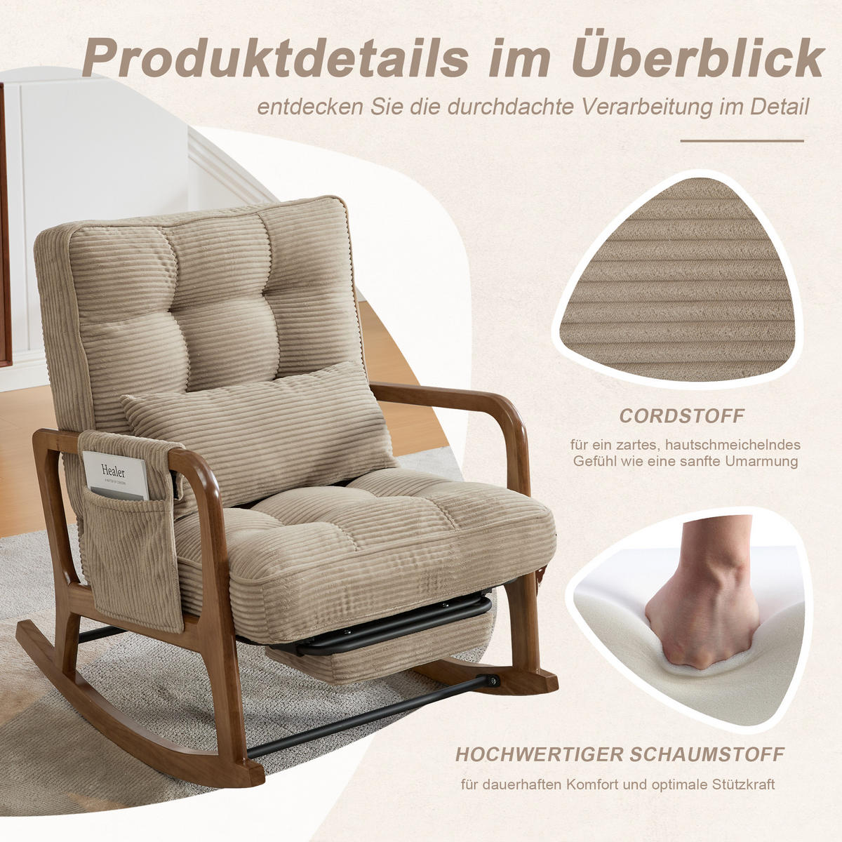 SCHAUKELSTUHL Relaxsessel mit Fußstütze,verstellbarer Rückenlehne,Cord,Khaki - Hellbraun, Textil (70/92/80cm) - LVHOM