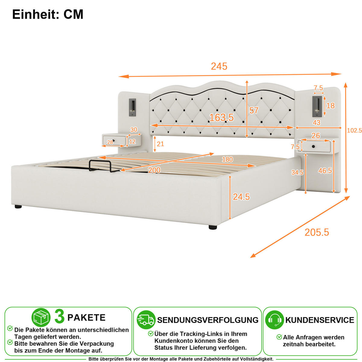 ČALOUNĚNÁ POSTEL 180/200 cm v béžové barvě s úložným prostorem, USB a lampičkami - béžová, kov/kompozitní dřevo (180/200cm) - CHICFURN
