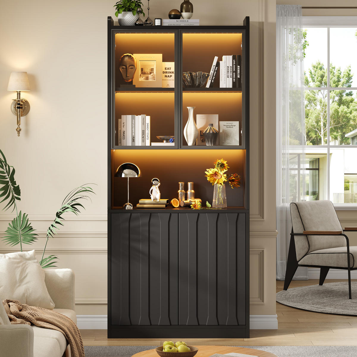 VITRINE 80x35x200 cm Schwarz mit LED und Glastüren - Schwarz, Holzwerkstoff (80/200/35cm) - FLIEKS