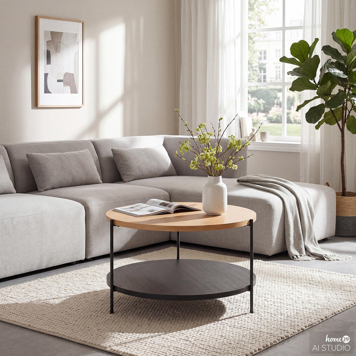 FURNIERTER COUCHTISCH - Eiche / Schwarz - Eichefarben, Holzwerkstoff/Metall (60/60/40cm) - home24