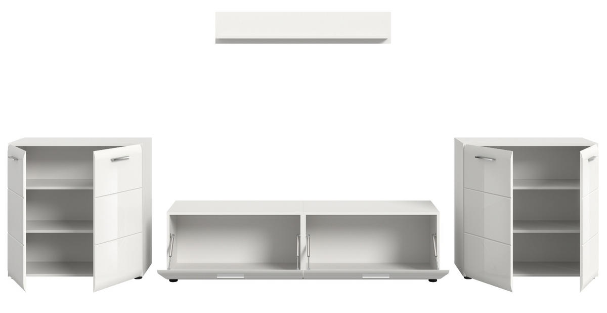 WOHNWAND weiß Hochglanz 4-teilig 350 cm, Schrankwand mit viel Stauraum - Weiß Hochglanz/Silberfarben, Glas/Holzwerkstoff (350/160/41cm) - Inn.Furn