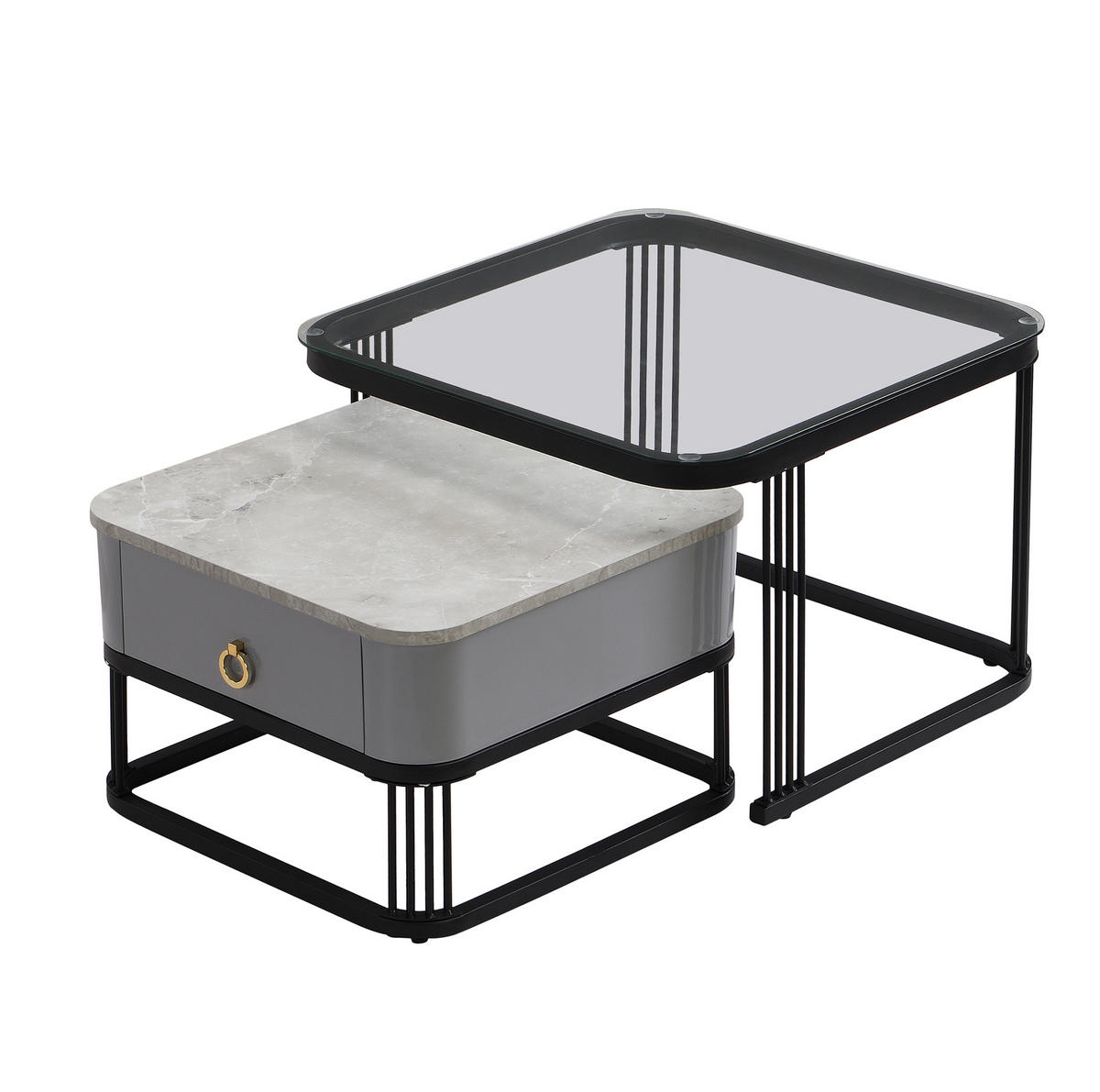 COUCHTISCH-SET aus MDF 60x60x44,5+50x50x34,5 cm Schwarz/Grau mit Schubladen und verschachteltem Design - Schwarz, Holzwerkstoff (60/60/45cm) - Modfu