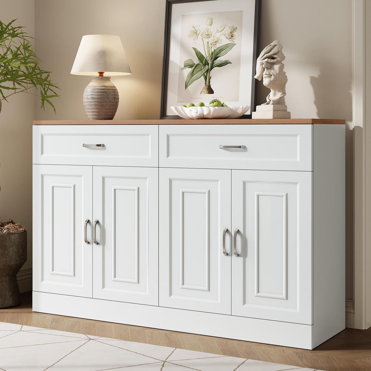 SIDEBOARD 120/35/80,5 cm mit 4 Türen & 2 Schubladen in Weiß und Holzoptik - Weiß, Holzwerkstoff (120/80.5/35cm) - BEAOK