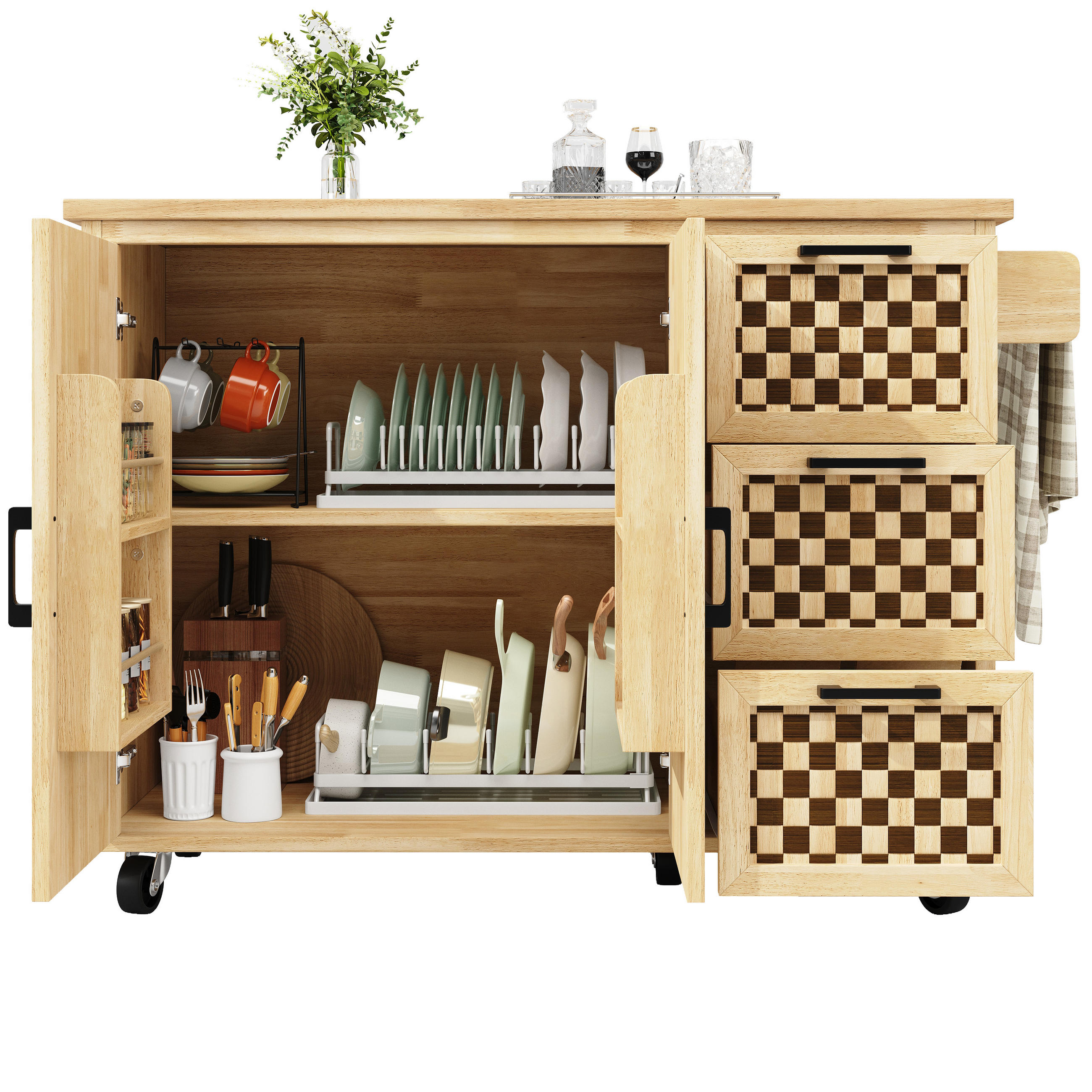 KÜCHENINSEL 120/45-75/92 cm natur mit klappbarer Tischplatte und Rollen - Naturfarben, Holzwerkstoff (120/92/45cm) - OKWISH