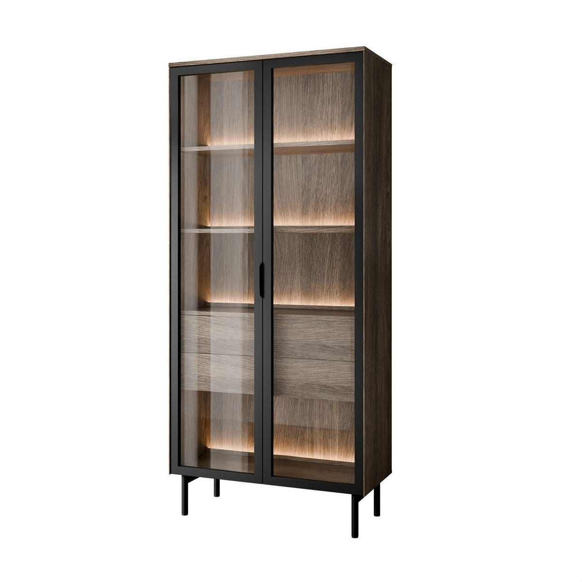 VITRINE LINEA LOFT mit LED-Beleuchtung Eiche + Schwarz - Eichefarben/Schwarz, Holzwerkstoff (82/195/39cm) - Lookway