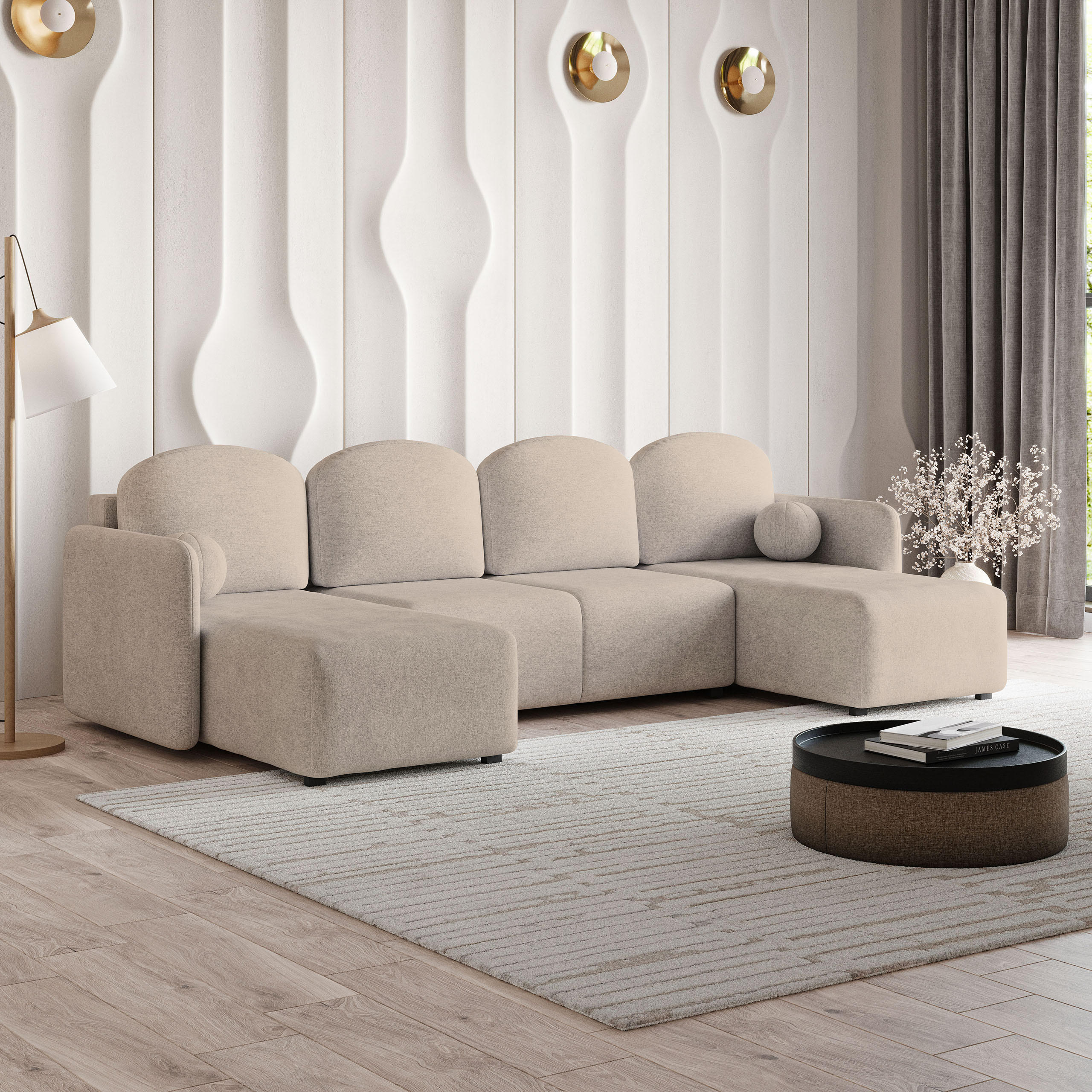 WOHNLANDSCHAFT NUBERO Beige Geflochtener Stoff mit Schlaffunktion - Beige, Holz (285/85/143cm) - MASSENO