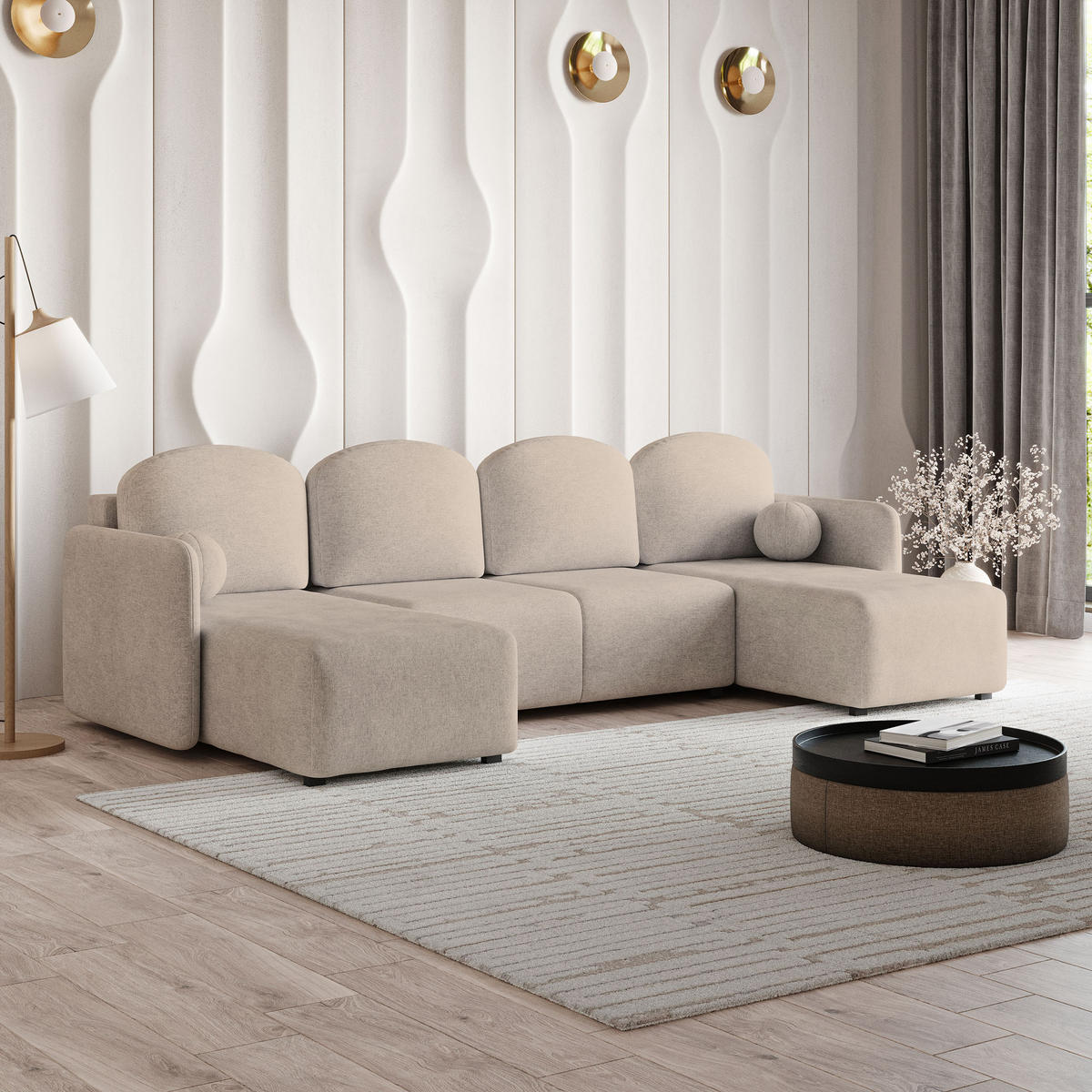 WOHNLANDSCHAFT NUBERO Beige Geflochtener Stoff mit Schlaffunktion - Beige, Holz (285/85/143cm) - MASSENO