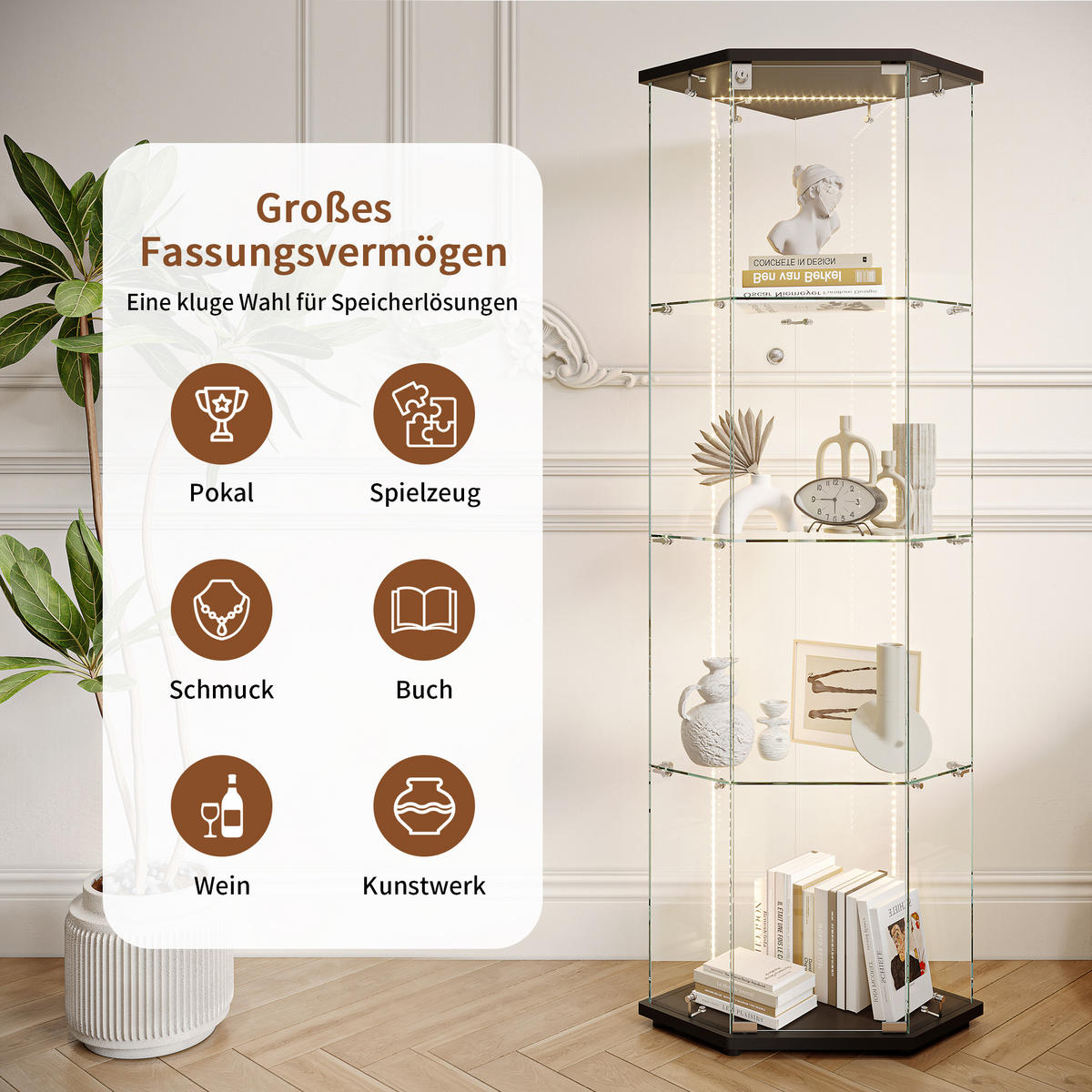 GLASVITRINE freistehend LED 1 Tür Schloss Glas schwarz - Schwarz, Holz (60/162/40cm) - LEBENLANG