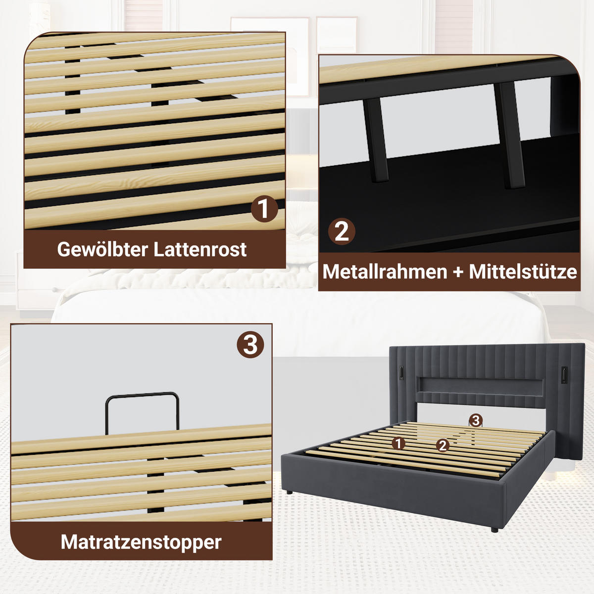 ČALOUNĚNÁ postel 180/200 cm tmavě šedá ze sametu s hydraulickým úložným prostorem a LED čtecím světlem - tmavě šedá, textil (180/200cm) - OKWISH
