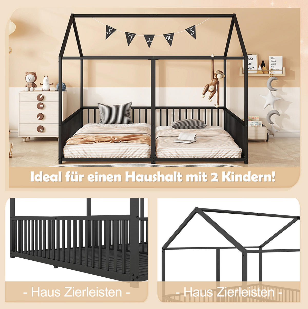 METALLBETT 90/200 cm in Schwarz mit Leiter und Sicherheitsgeländer im Hausbett-Design - Schwarz, Metall (90/200cm) - Flora Grace