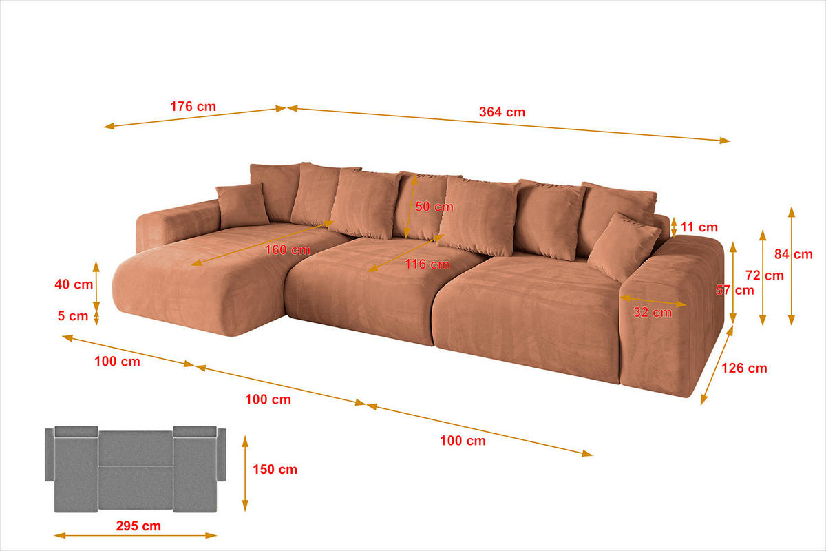 ECKSOFA Ottomane links ESKAR-L 364x176x84 Koralle Velours - Koralle/Schwarz, Holzwerkstoff/Kunststoff (364/176cm) - ALTDECOR