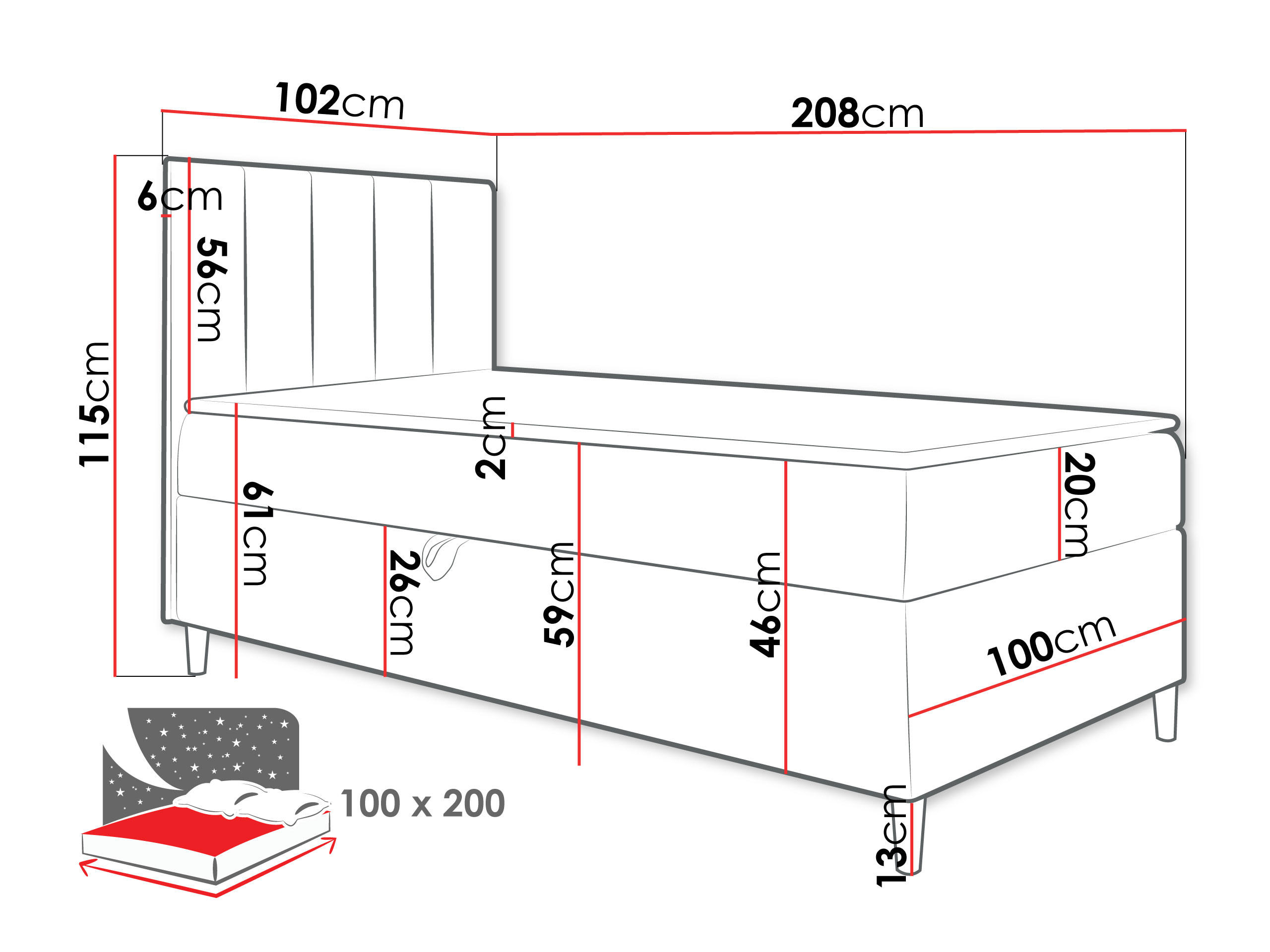 Thumbnail - Mirjan24 Boxbett, Weiß, Schwarz, Holz, 100x200 cm, Schlafzimmer, Betten, Boxspringbetten