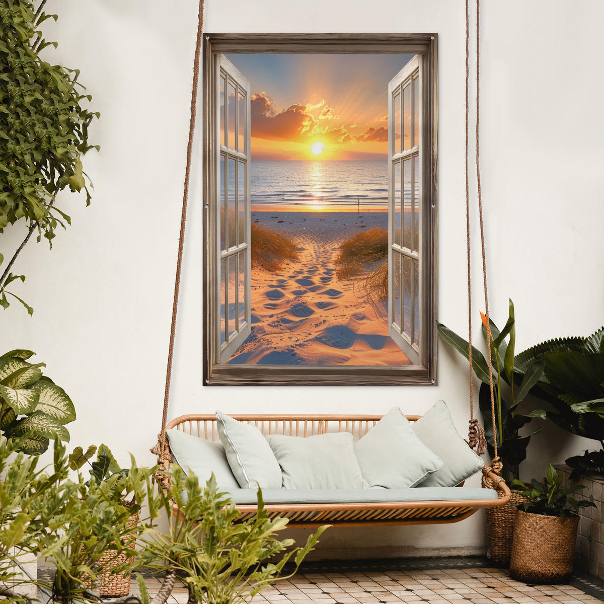 GARTENPOSTER Durchblick - Strand - Dünen - Sonnenuntergang 120x180 cm - Orange, Kunststoff (120/180/0.2cm) - OnlyWow