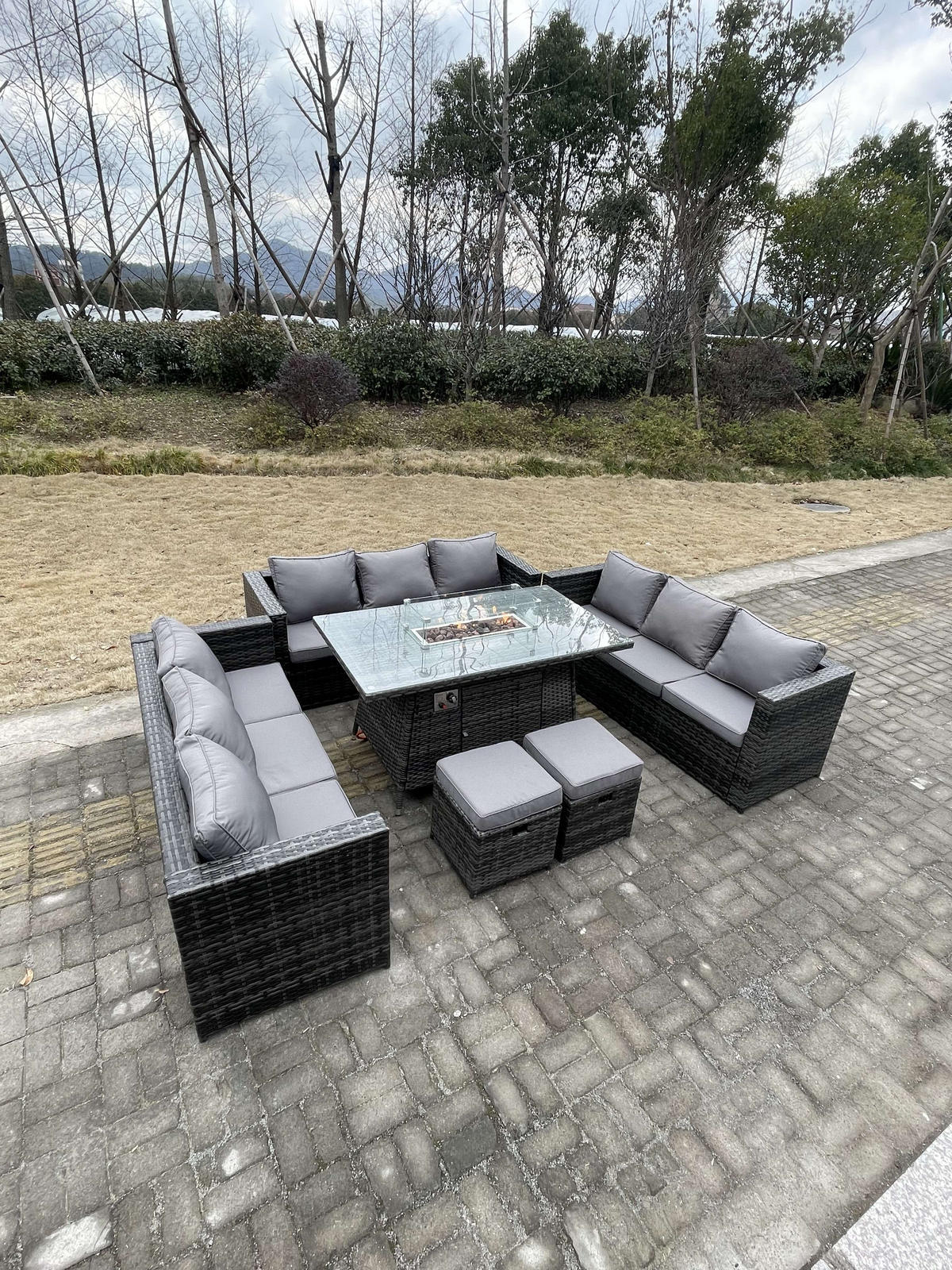GARTENSET Polyrattan 4-Sitzer - Dunkelgrau/Grau, Glas/Kunststoff - Fimous