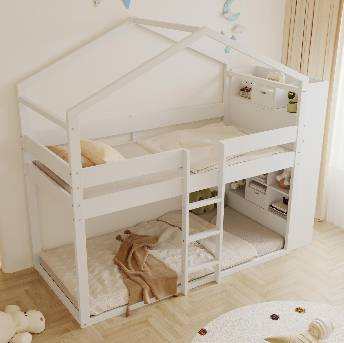 ETAGENBETT aus Kiefernholz 90x200 cm Weiß mit Stauraum, Sicherheitsgeländer und multifunktionalem Unterbett - Weiß, Holzwerkstoff (90/200cm) - Modfu