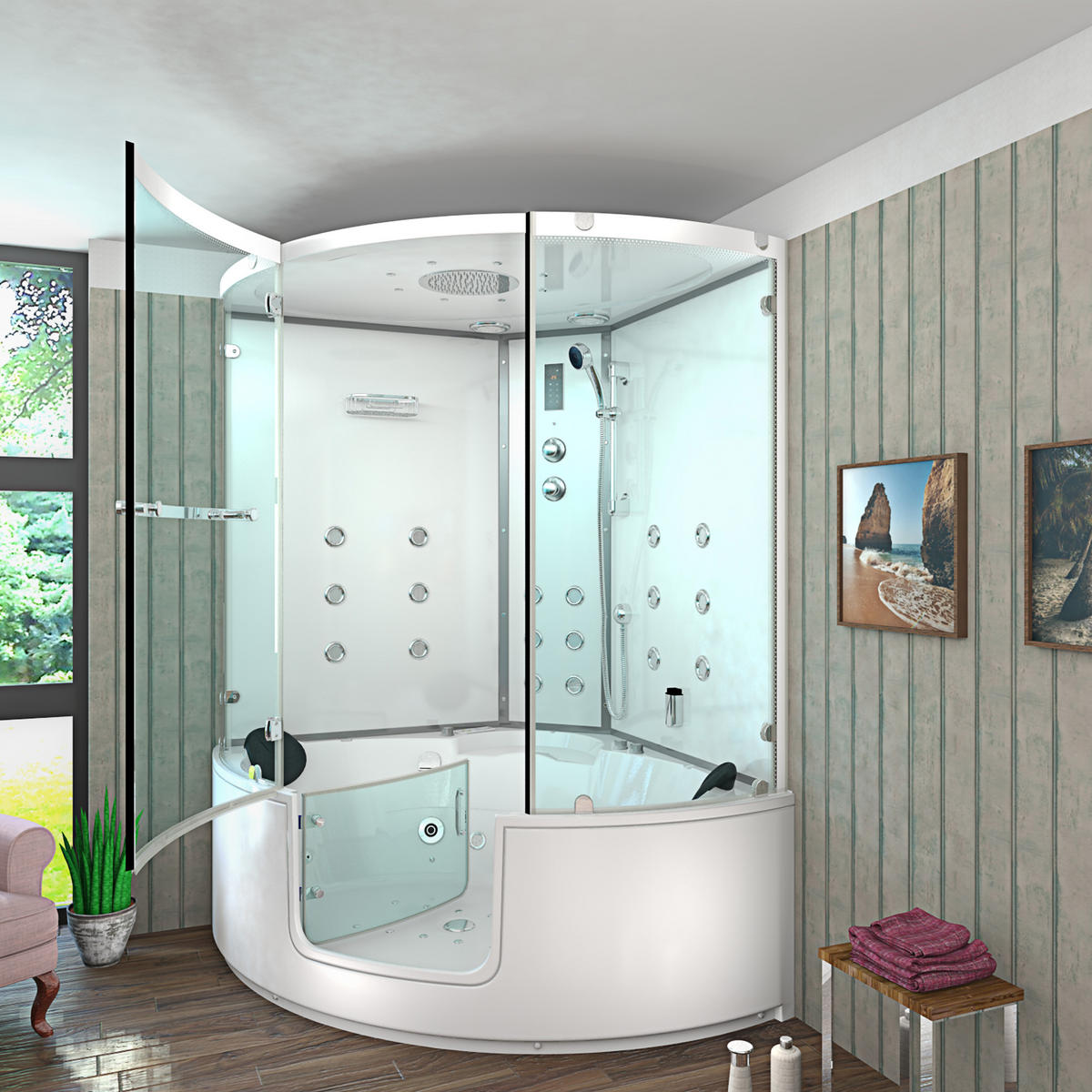 DAMPFDUSCHE Whirlpool Duschkabine K60-WS-EH-SC - Weiß, Glas/Kunststoff (140/210/140cm) - AcquaVapore by Sandra Jentho