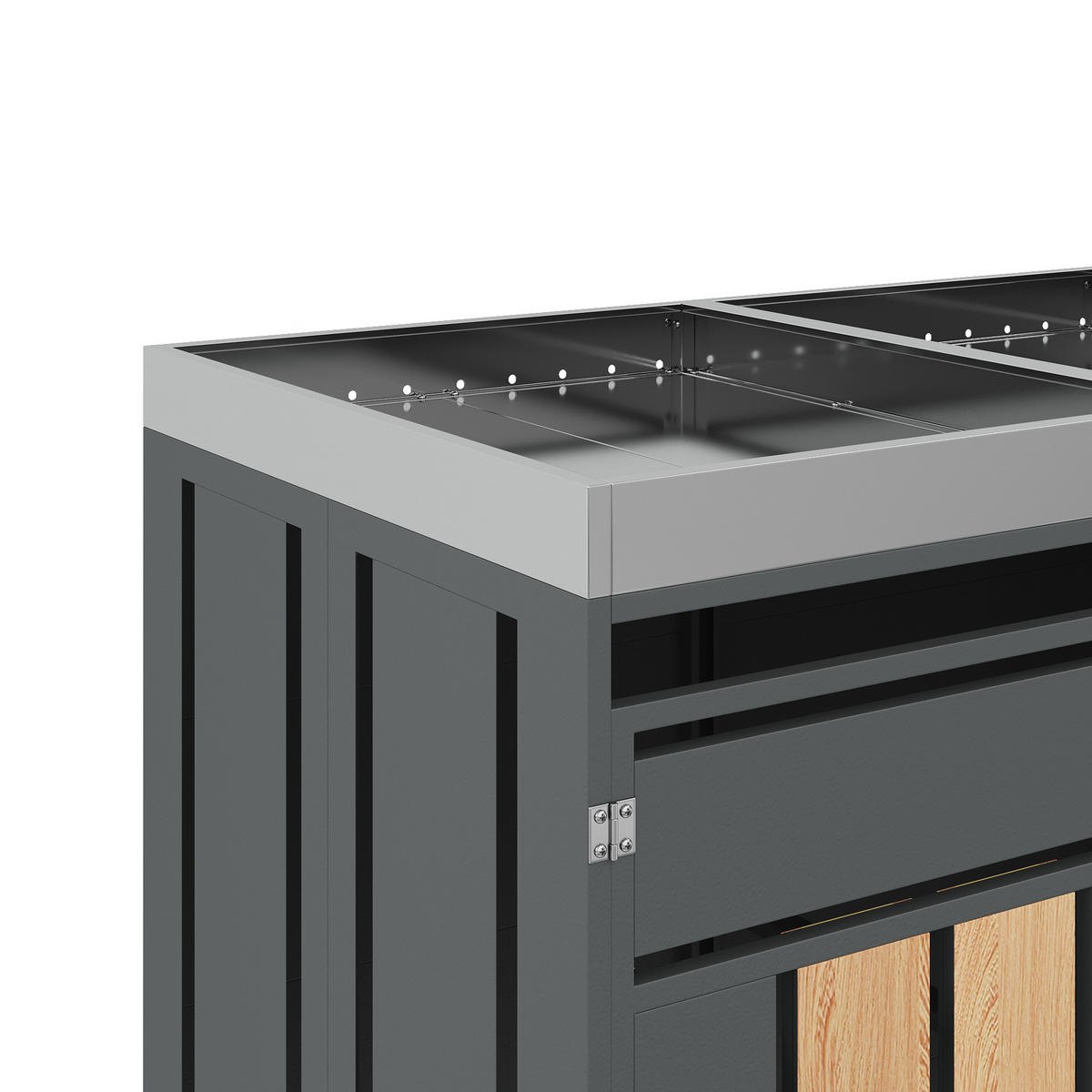 MÜLLTONNENBOX aus Stahl in Grau/Holzoptik mit Pflanzkasten & 4 Türen 264x80x124,5 cm - Grau, Metall (264/124.5/80cm) - Modfu