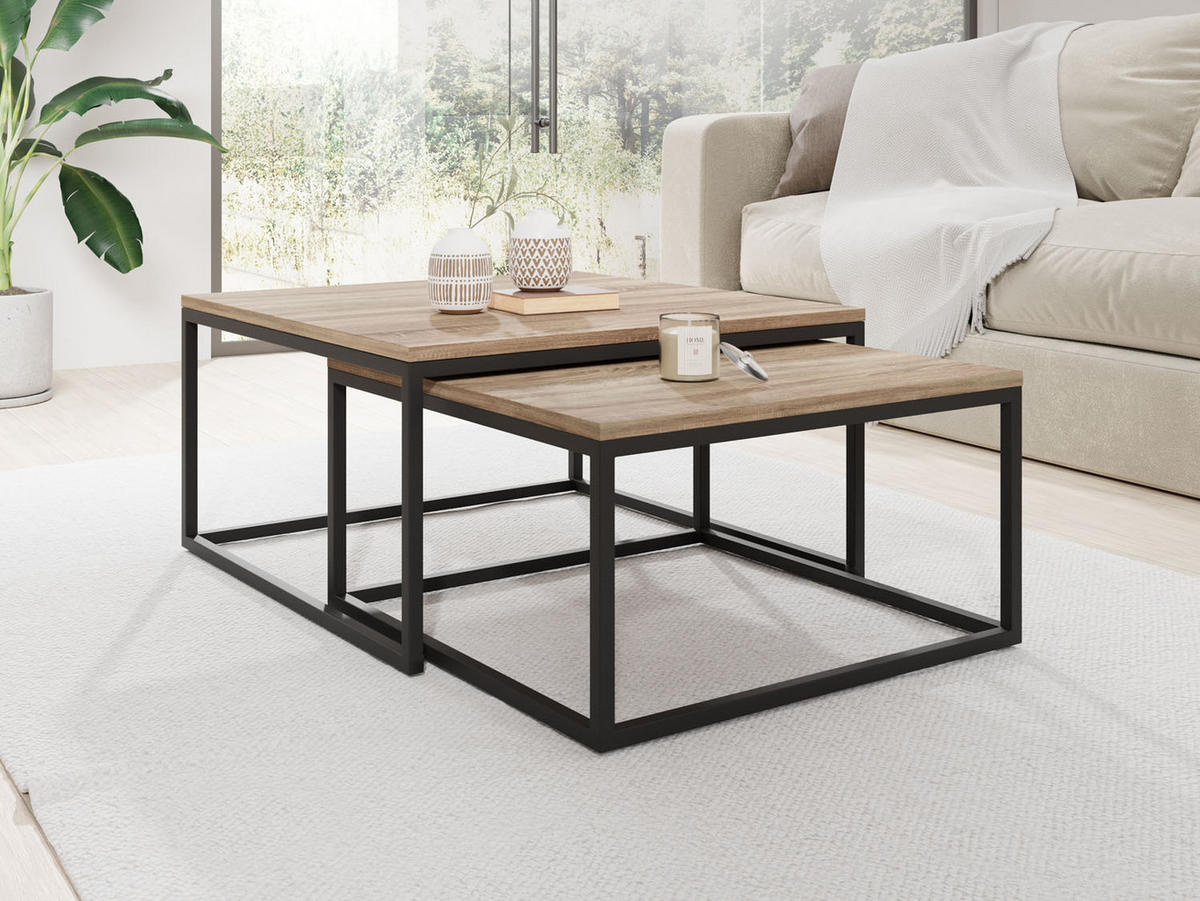 COUCHTISCHE Vella 2er-Set quadratisch, Sonoma Eiche 76/76/39cm + 66/66/34 cm - Schwarz/Braun, Holzwerkstoff/Metall (76/76/39cm) - WFL GROUP